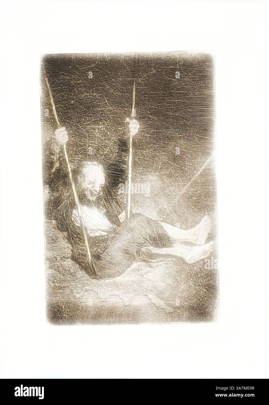 Una figura anziana oscilla con attenzione, braccia allungate, incarnando un momento di tranquillo riflesso su uno sfondo testurizzato. La scena evoca un senso di nostalgia e tenerezza, catturando la semplicità della gioia dell'infanzia intrecciata con la saggezza dell'età., arte classica con un tocco moderno reinventata da Artotop, Old man on a swing, 1825/27, Francisco José de Goya y Lucientes, spagnolo, 1746-1828, Spagna, acquatinta e/o lavis bruniti su carta avorio Foto Stock