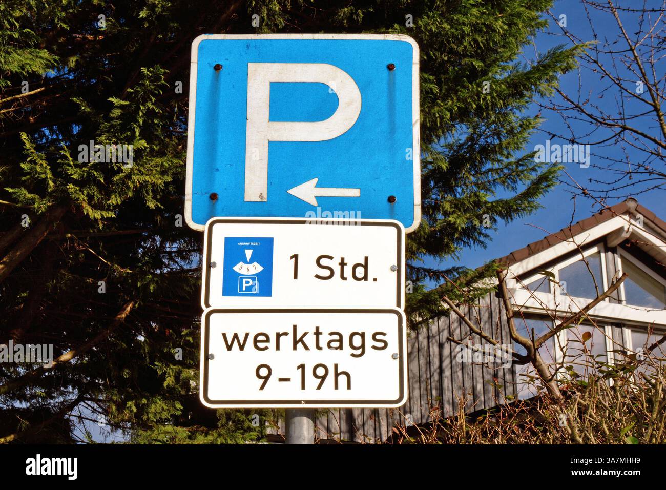 Heidelberg, Germania - febbraio 2025: Cartelli blu per il parcheggio e cartelli indicanti che il parcheggio gratuito è consentito nei giorni feriali con disco per un'ora Foto Stock