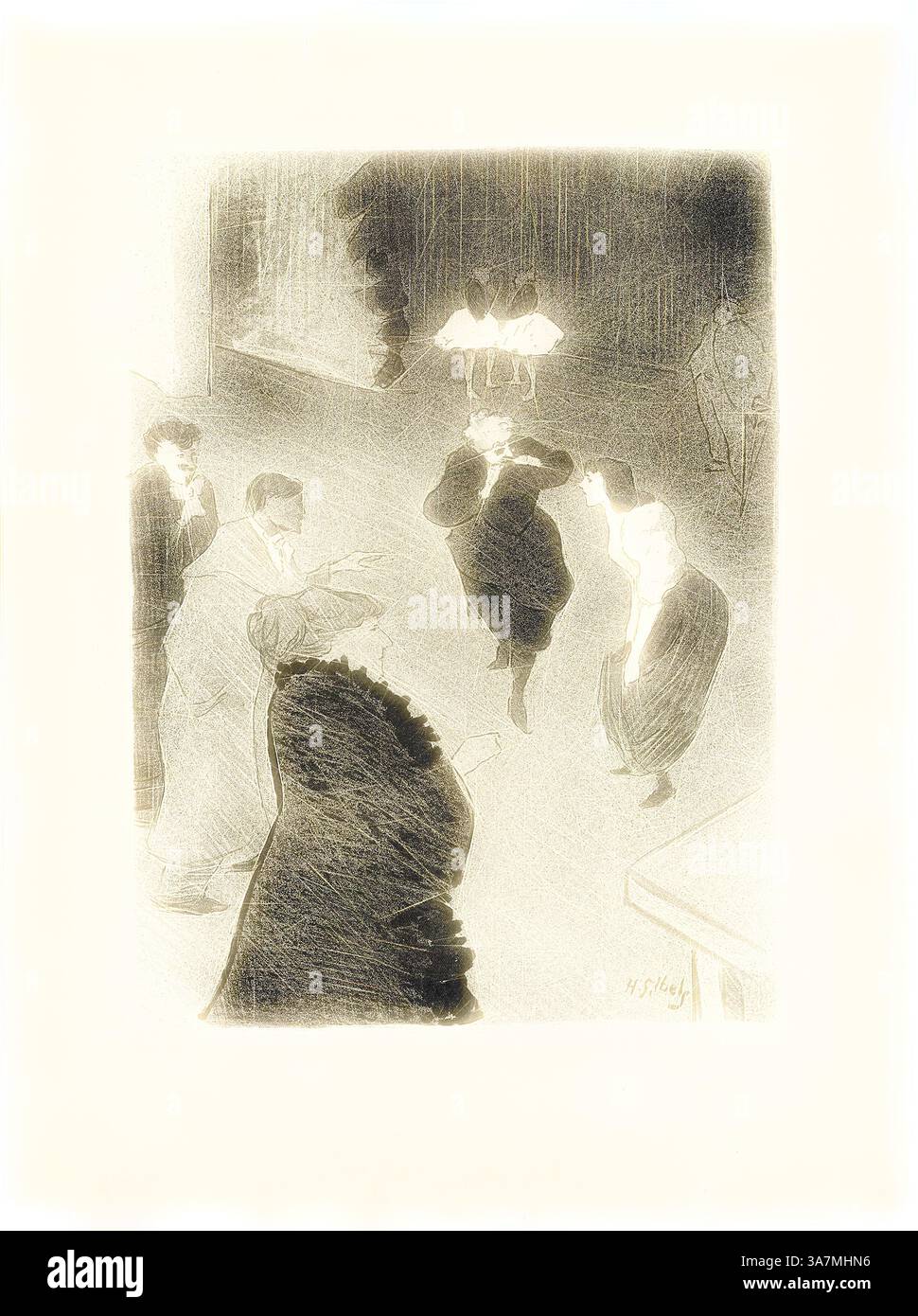 Una scena vivace in uno spazio per spettacoli, con figure elegantemente vestite impegnate in danza e conversazione. L'atmosfera suggerisce un mix di eccitazione e raffinatezza, con particolare attenzione ai ballerini centrali sotto una luce soffusa, mentre gli spettatori osservano con vivo interesse., arte classica con un tocco moderno reinventata da Artotop, Emilienne d'Alenco che prova al Folies-Bergère, da le Café-Concert, 1893, Henri-Gabriel Ibels (francese, 1867-1936), stampato da Edward Ancourt & Cie (francese, XIX-XX secolo), pubblicato da l'Estampe originale (francese, 1893-1895), Francia, litografia su crema W Foto Stock