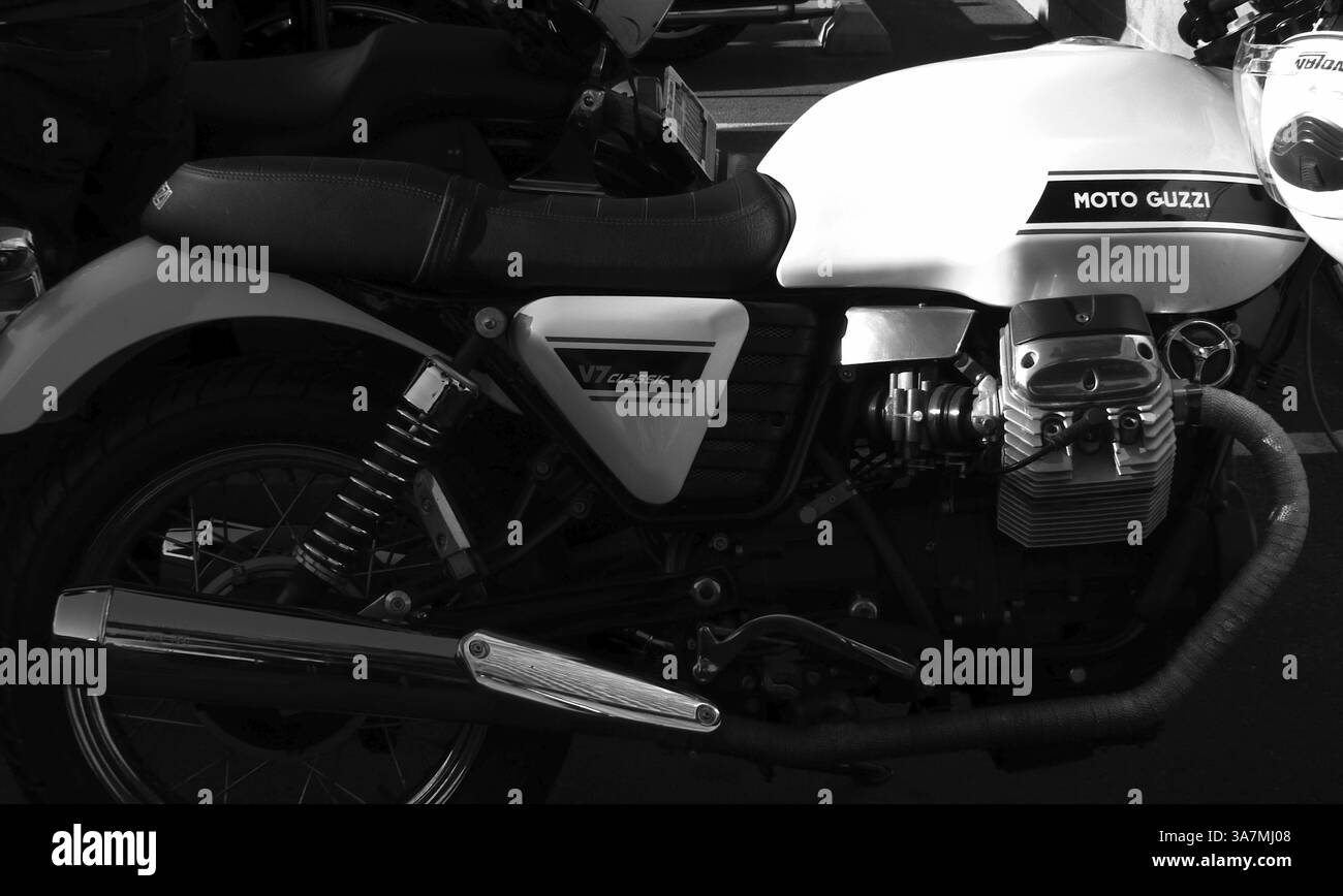 5 marzo 2013 - Venezia California, USA - dettaglio di una moto classica Moto Guzzi V7 al rally (immagine di credito: © Pierre Martin/ZUMAPRESS.com) Foto Stock