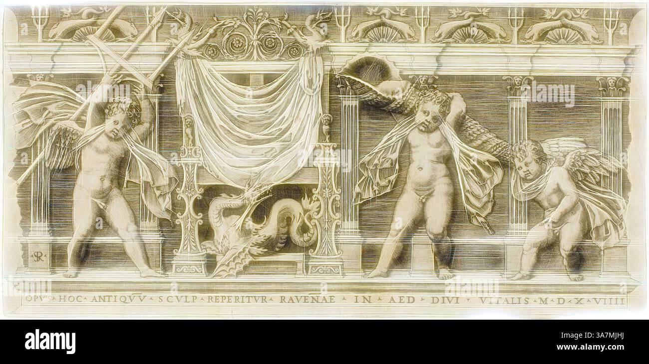 Una scena dettagliata con figure cherubiche che tengono in mano vari oggetti, tra cui un mantello e un bastone, con intricati elementi architettonici sullo sfondo. Un drago è raffigurato al centro, aggiungendo un elemento fantastico alla composizione, mentre le iscrizioni si trovano lungo il bordo inferiore, migliorando il suo contesto storico., arte classica con un tocco moderno reinventata da Artotop, Trono di Nettuno, 1519, Marco dente da Ravenna, italiano, circa 1486-1527, Italia, incisione in nero su carta panna Foto Stock