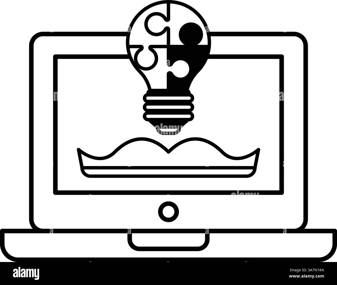 Monitor di un computer con una lampadina. La lampadina è circondata da un pezzo di puzzle Illustrazione Vettoriale