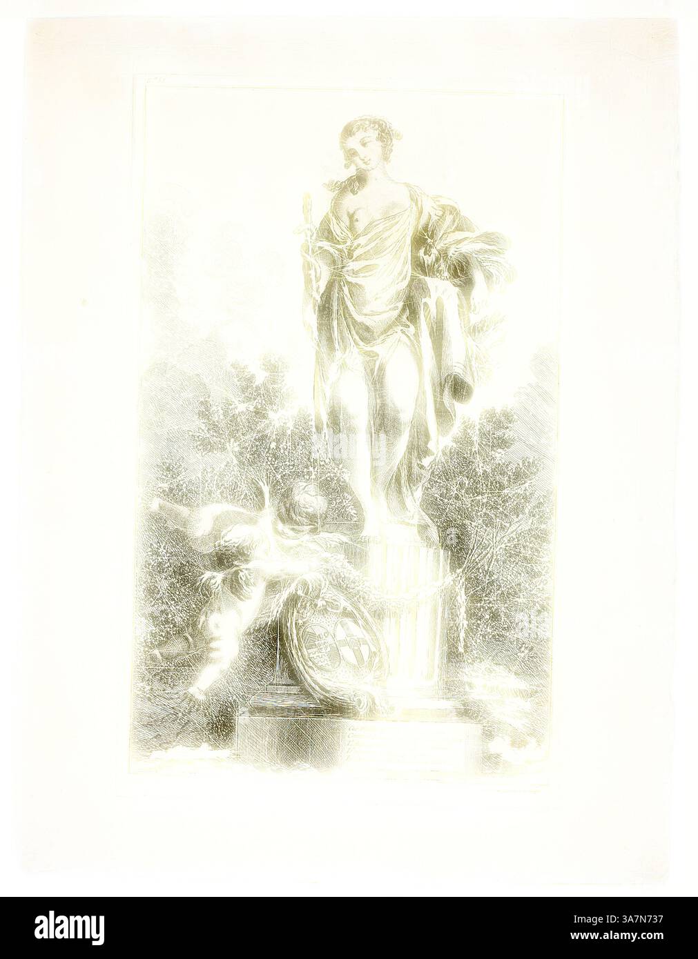 Una statua classica di una figura drappeggiata si erge elegantemente su un piedistallo, reggendo un rotolo e circondato da un fogliame intricato. Alla base, uno scudo poggia accanto a una figura giocosa, enfatizzando i temi della conoscenza e della libertà. Arte classica con un tocco moderno reinventata da Artotop, due amanti che rendono grazie alla Statua della salute, n.d., Ange Laurent de la Live de Jully (francese, 1725-1779), dopo Francesco Boucher (francese, 1703-1770), Francia, incisione in nero su carta avorio posato Foto Stock