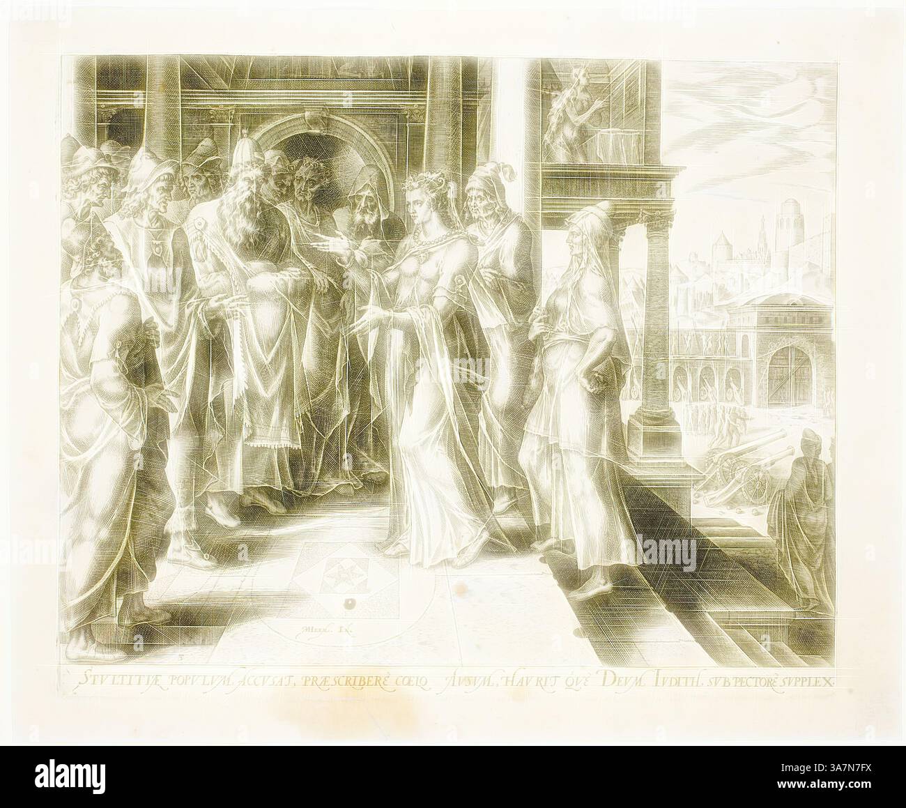 Un raduno regale raffigura un momento di significato, in cui una donna dignitosa presenta una figura trasformata a un gruppo di spettatori, adagiato su uno sfondo architettonico ornato. Le espressioni e le posture suggeriscono una miscela di riverenza e anticipazione, evidenziando temi di autorità, trasformazione e scambio culturale., arte classica con un tocco moderno reimmaginata da Artotop, Judith Addressing the Elders of Bethulia, piatto tre da The Story of Judith and Holofernes, 1564, Philip Galle (olandese, 1537-1612), dopo Maarten van Heemskerck (olandese, 1498-1574), Paesi Bassi, incisione in inglese Foto Stock