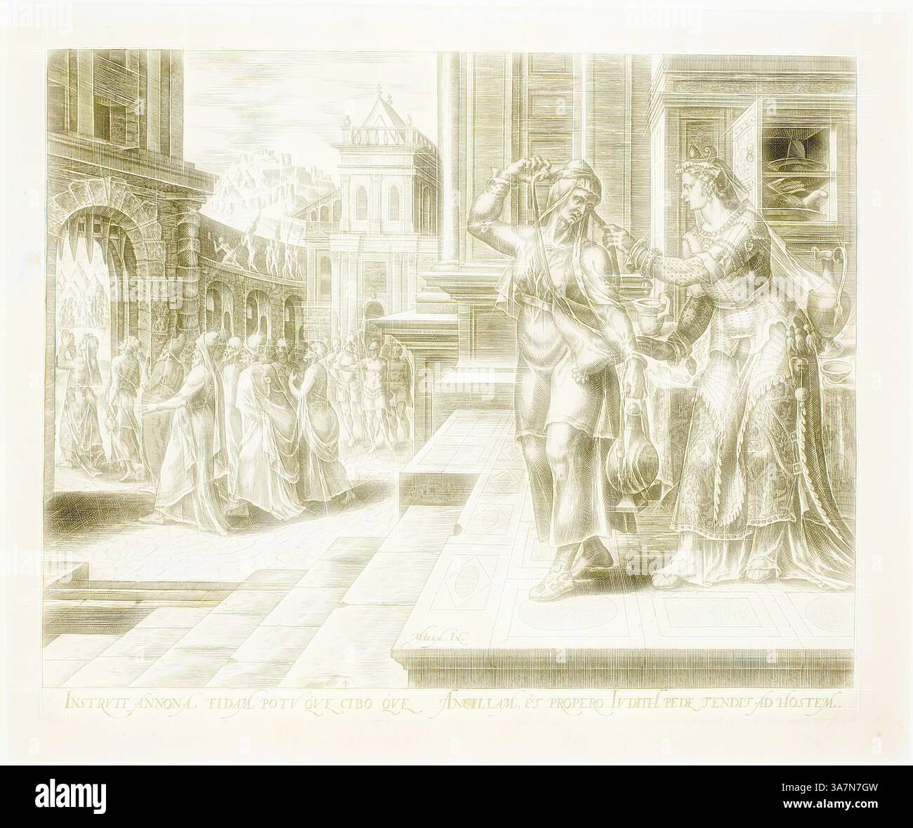 Una vivace scena cattura un momento in una città storica, dove una donna consegna un rotolo cerimoniale a un uomo adornato con abiti tradizionali. Sullo sfondo, gruppi di persone si riuniscono, impegnati in varie attività tra intricati dettagli architettonici. L'atmosfera riflette una miscela di eccitazione e scopo, sottolineando un evento significativo o una celebrazione., arte classica con un tocco moderno reinventata da Artotop, Judith si prepara a partire per il campo dei nemici, piatto quattro da la storia di Judith e Holofernes, 1564, Philip Galle (olandese, 1537-1612), dopo Maarten van Heemskerck (Dutc Foto Stock