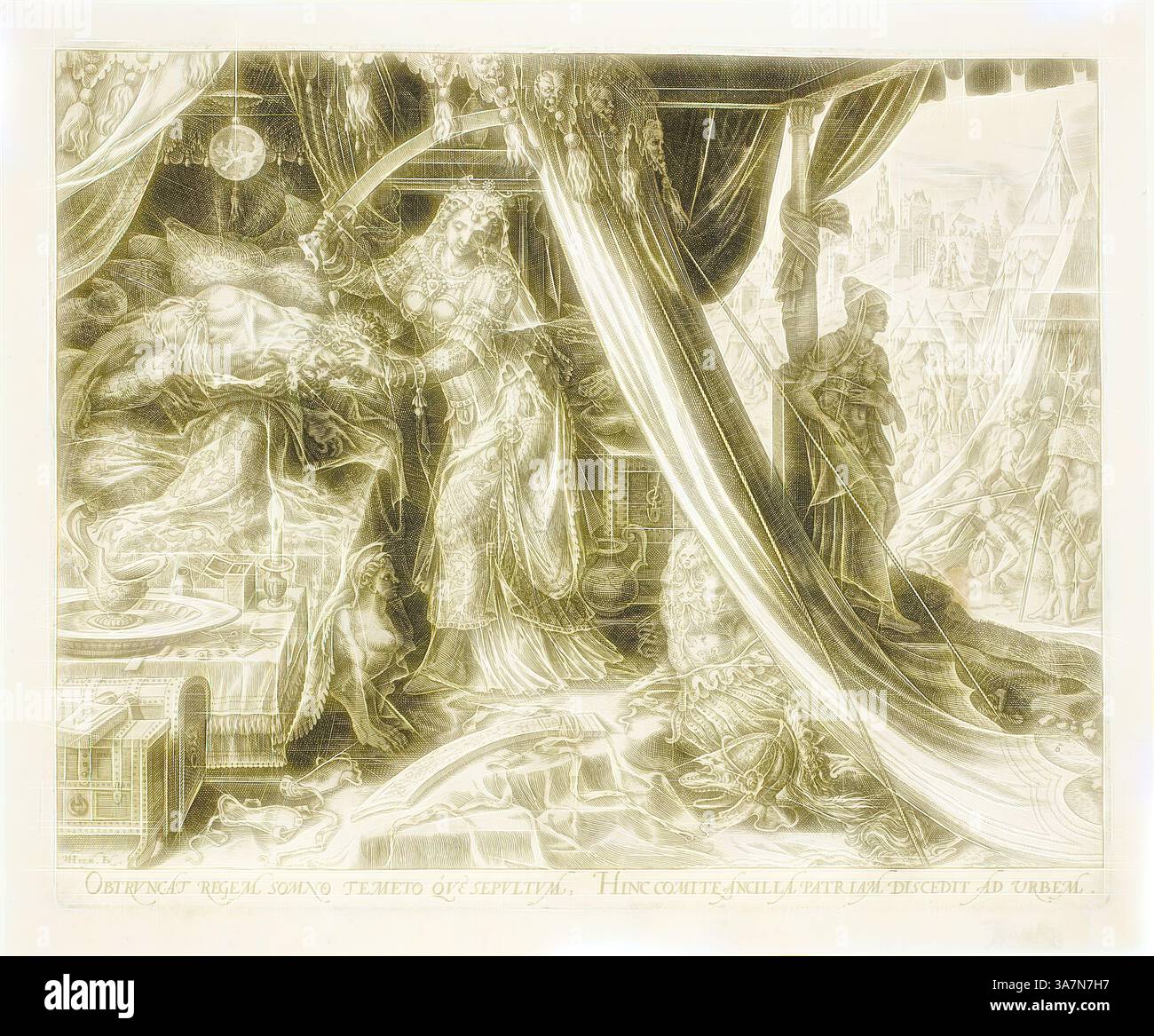 Una scena drammatica con figure ornamentali e un ambiente ricco di dettagli. Una donna regale si trova accanto a un soffice tendaggio, impegnato con una presenza avvolta nel mistero. Da un lato, una figura cupa osserva, mentre intricati motivi ed elementi architettonici riempiono lo sfondo, suggerendo grandeur e complessità., arte classica con un tocco moderno reinventata da Artotop, Judith Slaying Holofernes, piastra sei da la storia di Judith e Holofernes, 1564, Philip Galle (olandese, 1537-1612), dopo Maarten van Heemskerck (olandese, 1498-1574), olandese, incisione in carta nera Foto Stock