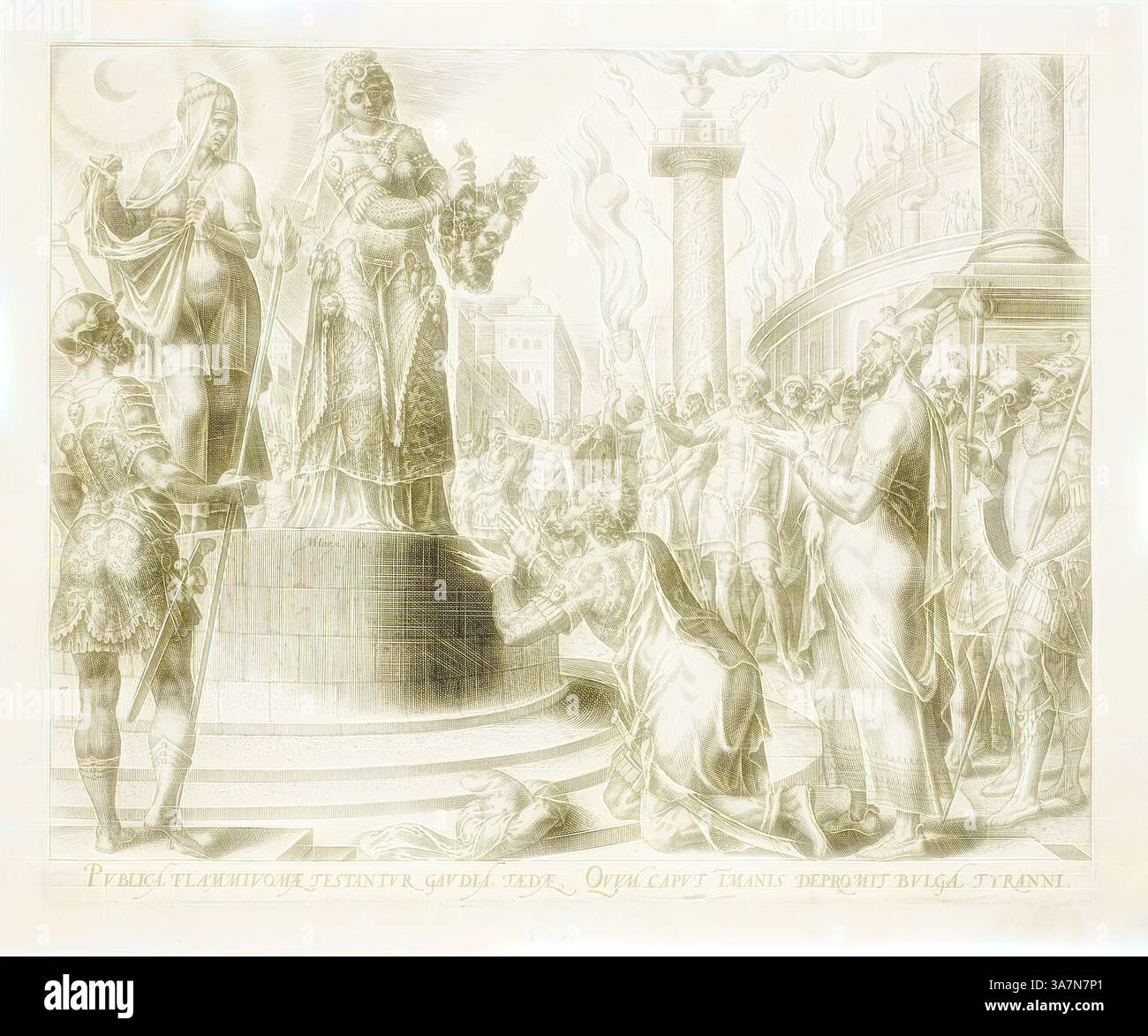 Una grande scena raffigurante una statua di una figura regale circondata da fedeli, alcuni inginocchiati in riverenza. La composizione presenta un'architettura ornata e fiamme sullo sfondo, che trasmettono un senso di potere e devozione. Iscrizioni abbelliscono il primo piano, suggerendo temi di tirannia e giustizia., arte classica con un tocco moderno reinventata da Artotop, Judith che mostra la testa di Holofernes al popolo di Bethulia, piatto sette da la storia di Giuditta e Holoferne, 1564, Philip Galle (olandese, 1537-1612), dopo Maarten van Heemskerck (olandese, 1498-1574), Paesi Bassi, incisione in bla Foto Stock