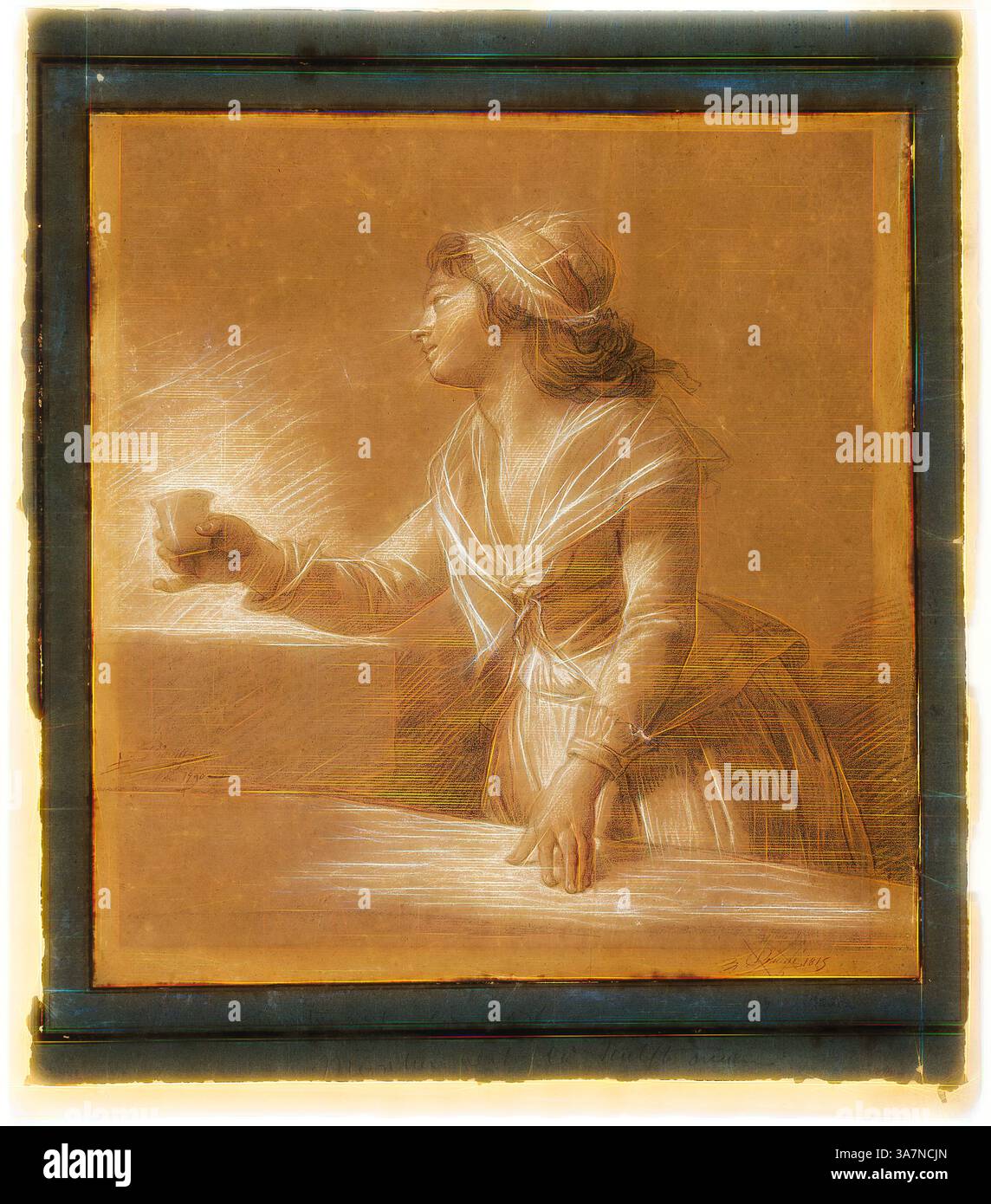 Una giovane donna regge con grazia una tazza, guardando attentamente di lato, il suo abbigliamento che suggerisce un tema storico o classico. La luce soffusa illumina le sue caratteristiche, esaltando i dettagli delicati del suo outfit e la delicata espressione sul suo viso. Lo sfondo crea un'atmosfera calda, attirando l'attenzione sulla sua presenza serena., arte classica con un tocco moderno reinventata da Artotop, Ritratto di Marie-Gabrielle Capet, 1790, Francesco André Vincent, francese, 1746-1816, Francia, gessetti bianchi e neri, con tocchi di gesso rosso, su carta posata abbronzante, su carta tessuta panna, con margini in blu Foto Stock