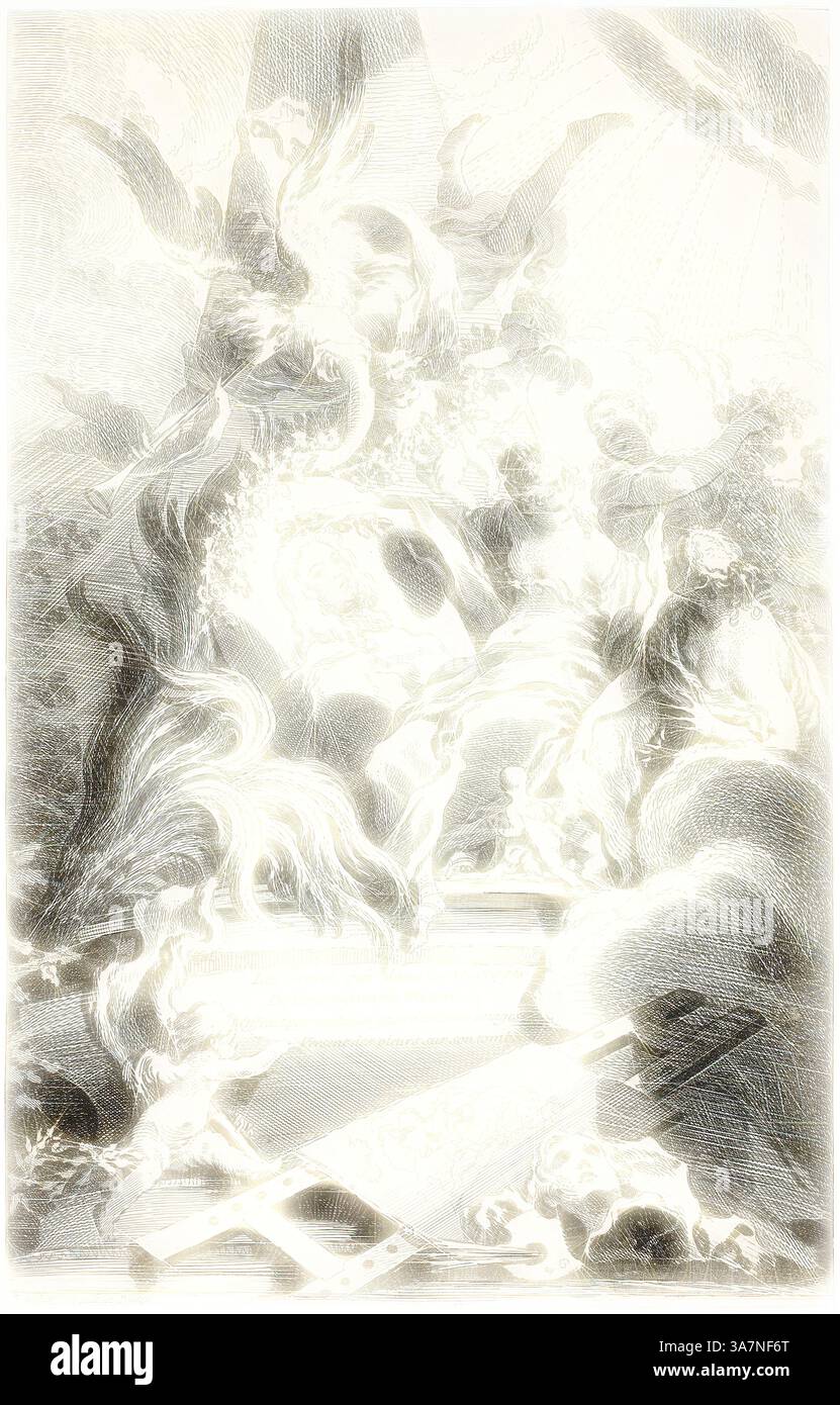 Una scena da sogno con figure eteree intrecciate a forme fluide, che mostrano dettagli intricati e un senso di movimento. La composizione trasuda un'atmosfera mistica, invitando gli spettatori a esplorare l'interazione di luce e ombra. Arte classica con un tocco moderno reinventata da Artotop, le Grazie sulla tomba di Watteau, n.d., Francesco Boucher (francese, 1703-1770), stampato da Gabriel Huquier (francese, XVIII secolo), Francia, incisione su carta bianca Foto Stock