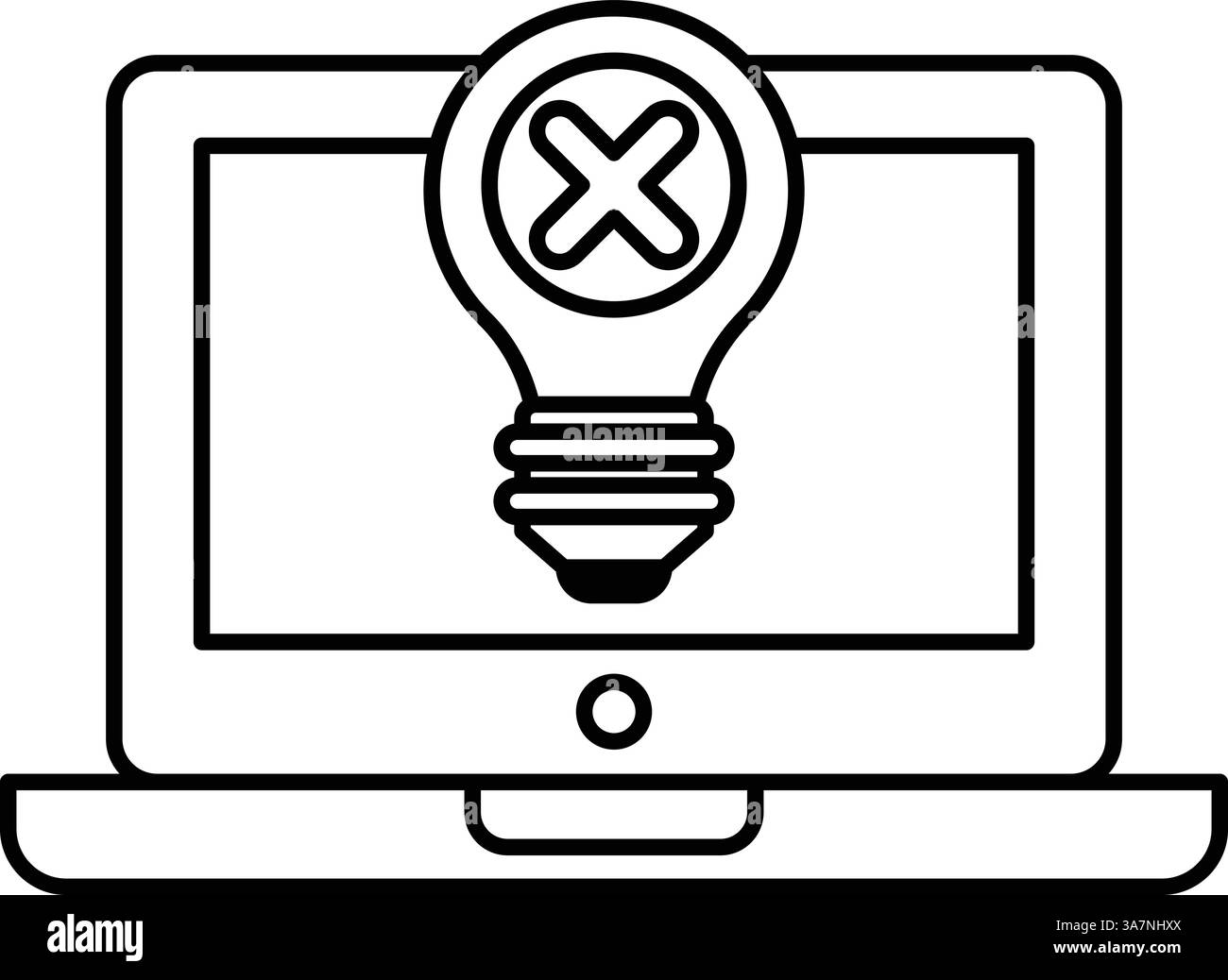 Immagine in bianco e nero di un notebook con una lampadina. La lampadina è barrata, il che potrebbe rappresentare l'idea di un guasto o di un fallimento Illustrazione Vettoriale