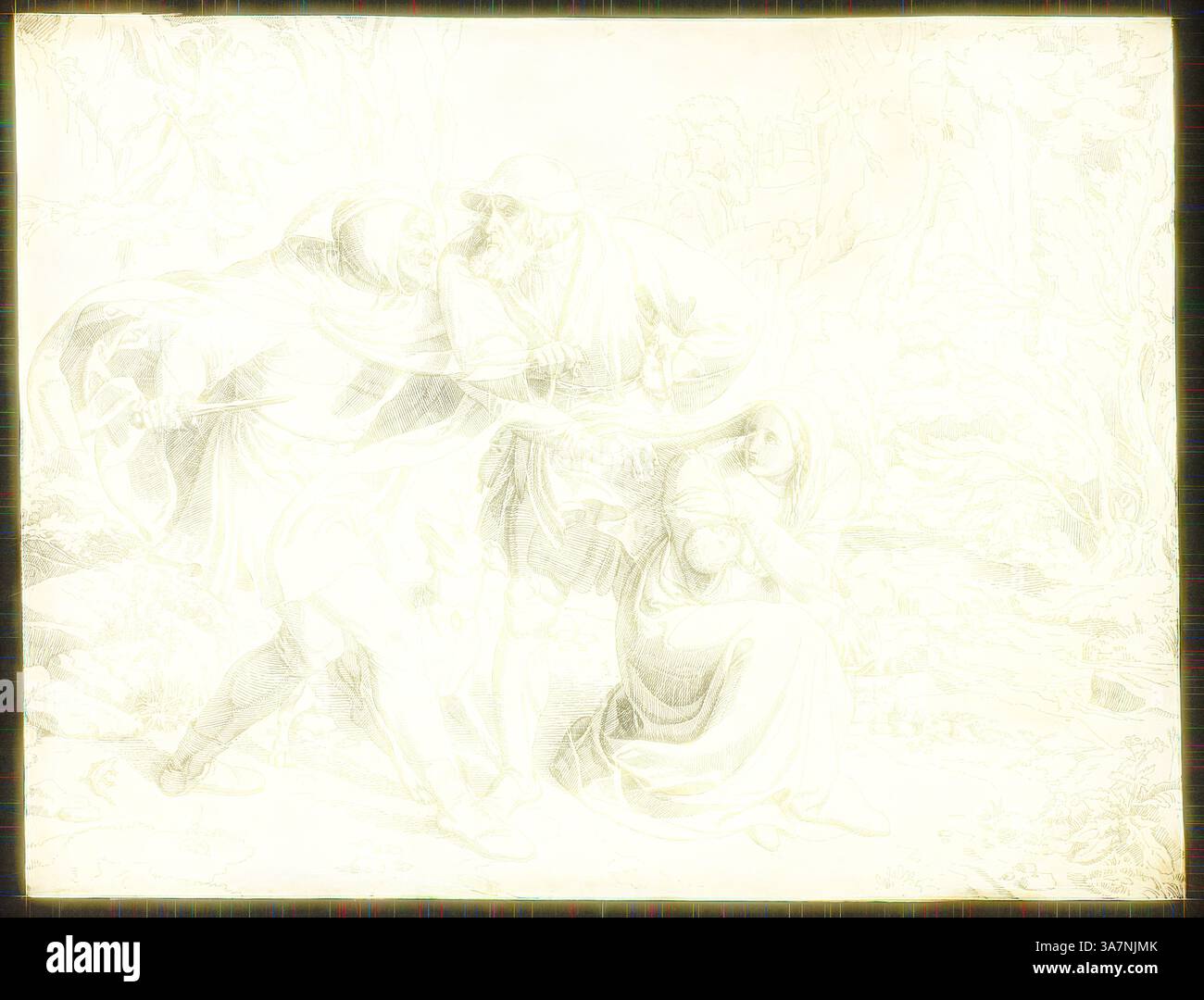 Una scena drammatica raffigura due figure che si confrontano con un uomo, mentre una donna osserva in difficoltà, sullo sfondo di paesaggi naturali. La composizione trasmette tensione ed emozione, mettendo in mostra l'interazione tra i personaggi., arte classica con un tocco moderno reinventata da Artotop, assassini di Genoveva prendono pietà, c. 1830, Joseph Ritter von Führich, boemo, 1800–1876, Boemia, penna e inchiostro nero, su tracce di grafite, su carta tessuta d'avorio, parzialmente adagiata su carta tessuta d'avorio Foto Stock