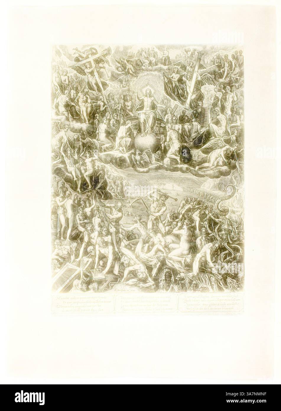 Una scena caotica che raffigura una grande lotta tra vari esseri divini e infernali, piena di figure dinamiche impegnate in battaglia, disperazione e culto, ambientate su uno sfondo di paesaggi celesti e tumultuosi. I dettagli intricati rivelano strati di conflitto, emozione e mitologia intrecciati in una narrazione drammatica., arte classica con un tocco moderno reinventata da Artotop, il giudizio universale, 1599, Barbara van den Broeck (fiamminga, nato c. 1558/60), dopo Crispin van den Broeck (fiammingo, 1524–c. 1590), pubblicato da Hendrik Hondius (olandese, 1573–1650), Flanders, incisione in nero su avorio Foto Stock
