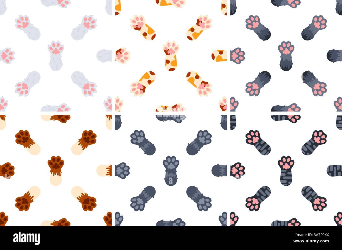 Motivo senza cuciture con zampe colorate di gatto che mostrano zampe su sfondo bianco Illustrazione Vettoriale