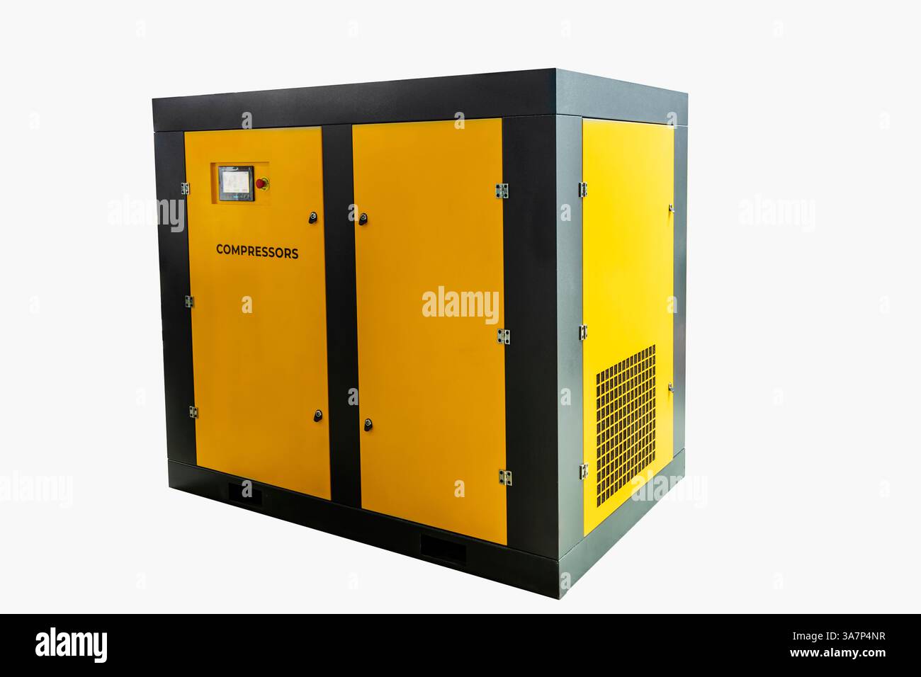 Potente compressore a vite giallo su sfondo bianco, che fornisce aria compressa per varie applicazioni industriali Foto Stock