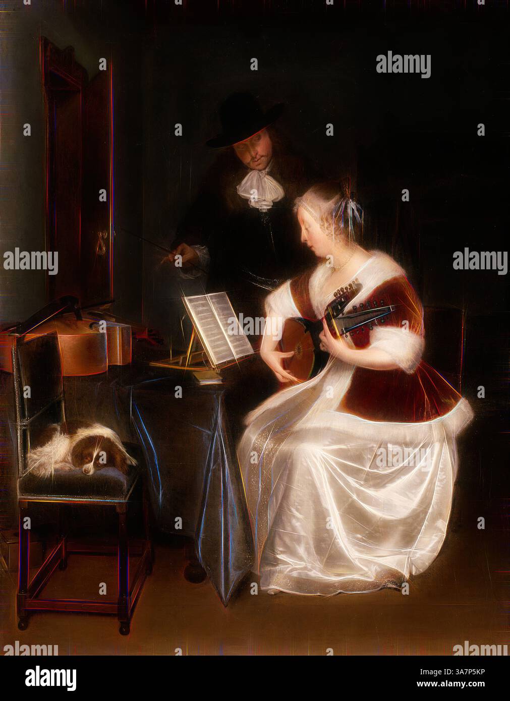 Una donna vestita con un abito riccamente impreziosito suona un liuto mentre è seduta, la sua attenzione è dedicata allo spartito musicale davanti a lei. Nelle vicinanze, un uomo in abito d'epoca gesta con un bastone, apparentemente guidando la sua performance. Un piccolo cane dorme su una sedia, aggiungendo un tocco di calore alla scena intima., arte classica con un tocco di modernità reinventata da Artotop, la lezione di musica, c. 1670, Gerard ter Borch, olandese, 1617-1681, Paesi Bassi, olio su tela Foto Stock