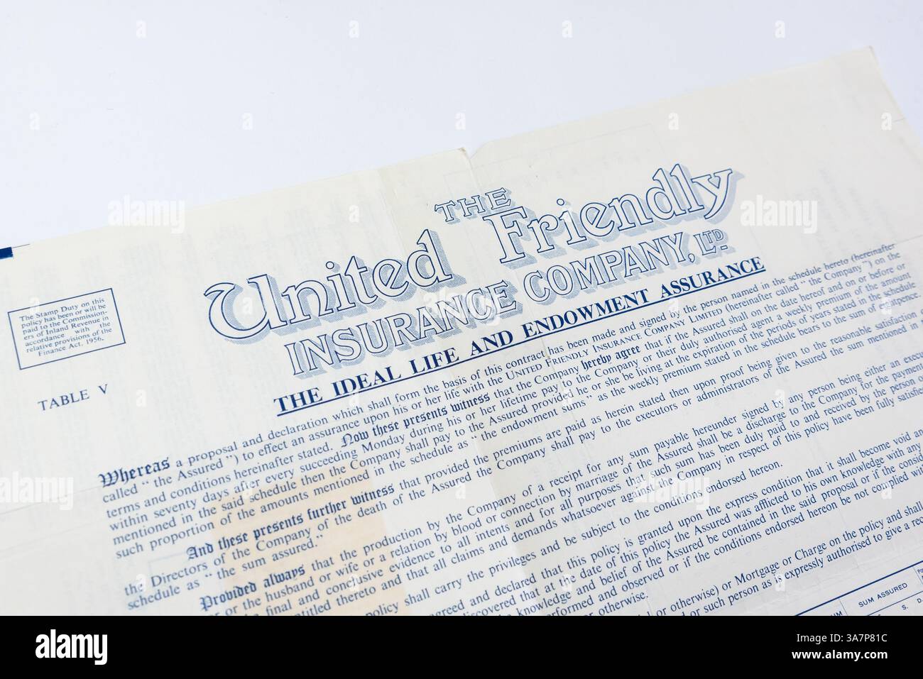Il documento della United Friendly Insurance Company, i documenti. Assicurazione vita e dotazione Foto Stock