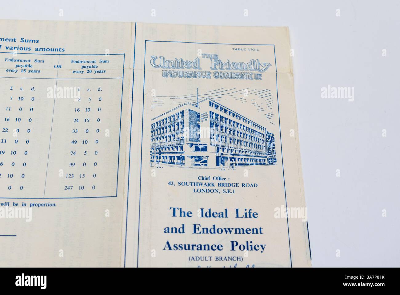 Il documento della United Friendly Insurance Company, i documenti. Assicurazione vita e dotazione Foto Stock