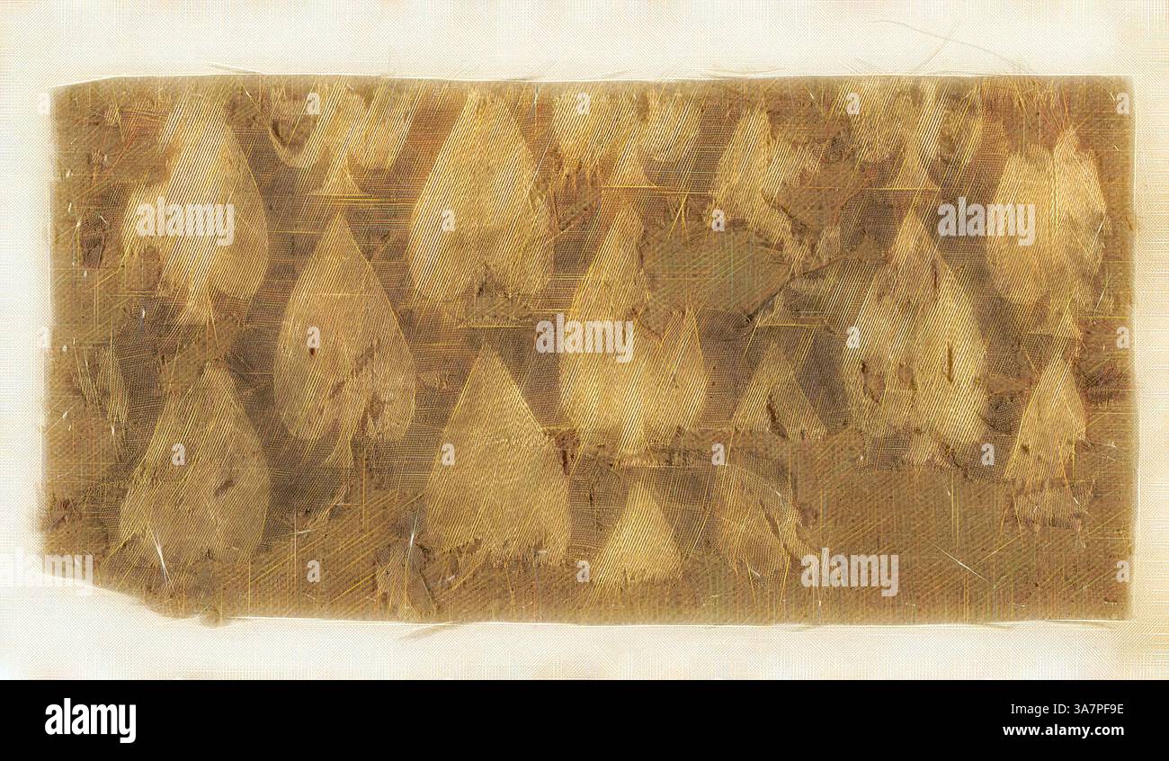Una composizione astratta caratterizzata da una serie di forme allungate che ricordano foglie o gocce d'acqua, disposte in un motivo ripetitivo su uno sfondo testurizzato. Le tonalità creano un tono caldo e terroso, evocando un'atmosfera naturale e organica., arte classica con un tocco moderno reinventata da Artotop, frammento, periodo romano (30 a.C.– 641 d.C.)/periodo arabo (641–969), vi/VII secolo, Egitto, probabilmente Akhmin, trovato nelle tombe egizie, Egitto Foto Stock