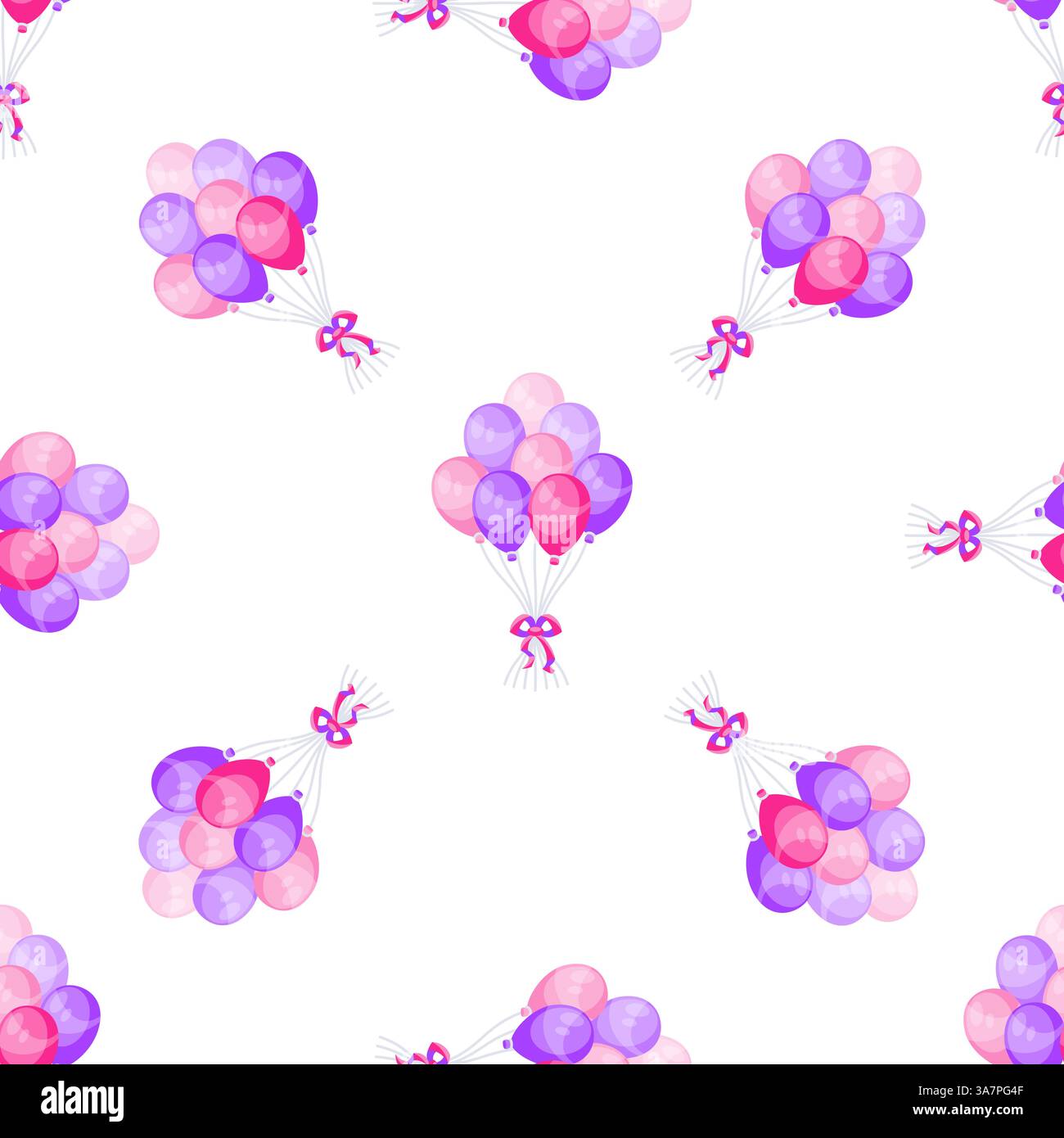 Motivo senza cuciture con palloncini rosa e viola legati con nastri che fluttuano su sfondo bianco Illustrazione Vettoriale
