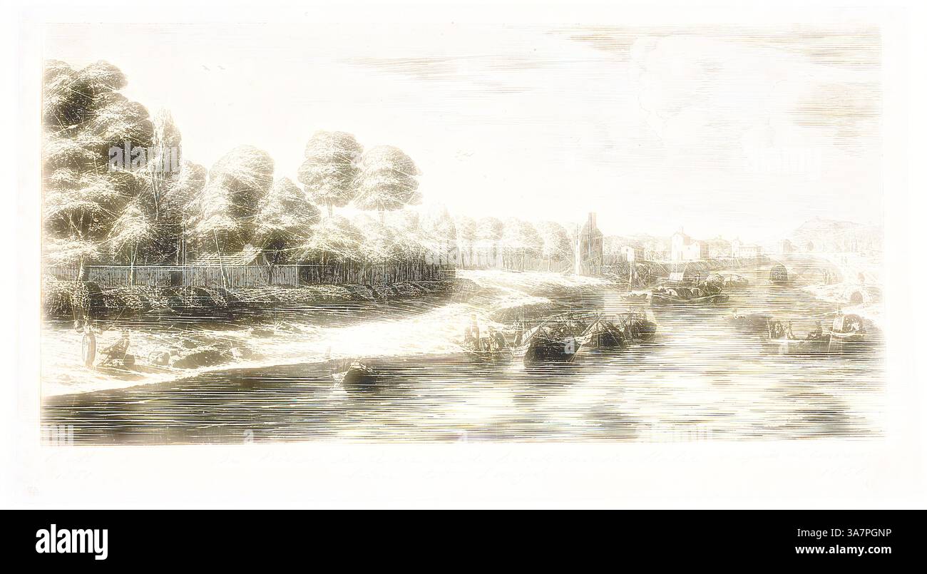 Un tranquillo panorama lungo il fiume presenta acque che scorrono dolcemente circondate da alberi lussureggianti e pittoresche barche. Sullo sfondo, gli edifici dalle linee morbide e la recinzione in legno creano un'atmosfera tranquilla, invitando un senso di calma e nostalgia. Arte classica con un tocco moderno reinventata da Artotop, la Senna e l'angolo del centro commerciale, Parigi, 1850, Charles Meryon (francese, 1821-1868), dopo Reinier Nooms (olandese, c. 1623-c.. 1664), Francia, incisione, incisione e roulette su carta in avorio Foto Stock