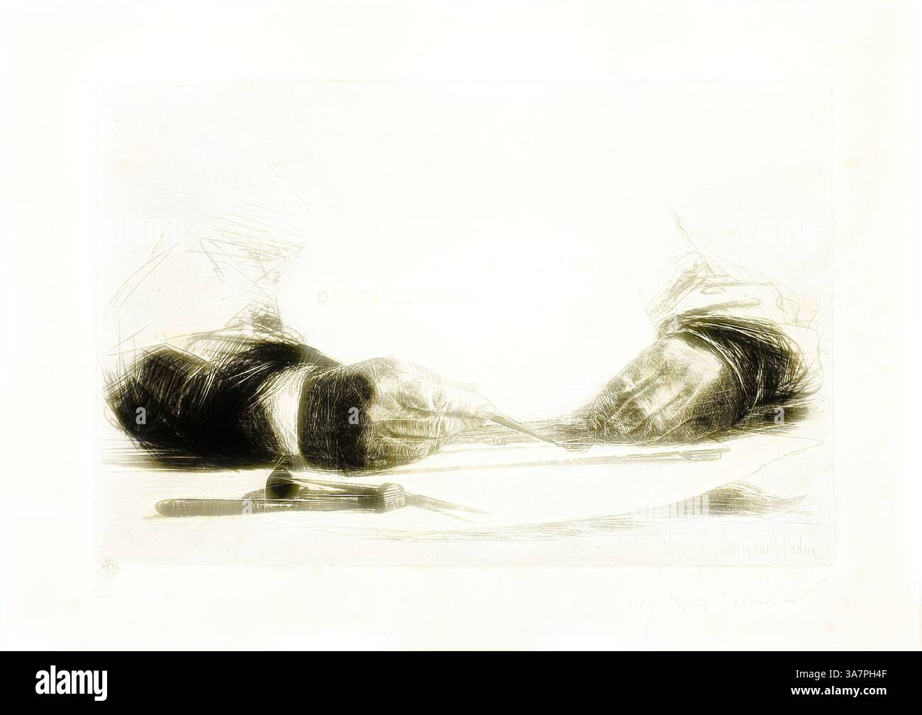 Due mani adagiate delicatamente su un foglio di carta, con uno strumento nelle vicinanze che suggerisce un momento di creatività o contemplazione., arte classica con un tocco moderno reinventata da Artotop, Hands Etching-o Laborum, 1865, Francis Seymour Haden, inglese, 1818-1910, Inghilterra, incisione e punto di asciugatura su rame stampato su carta bianca Foto Stock