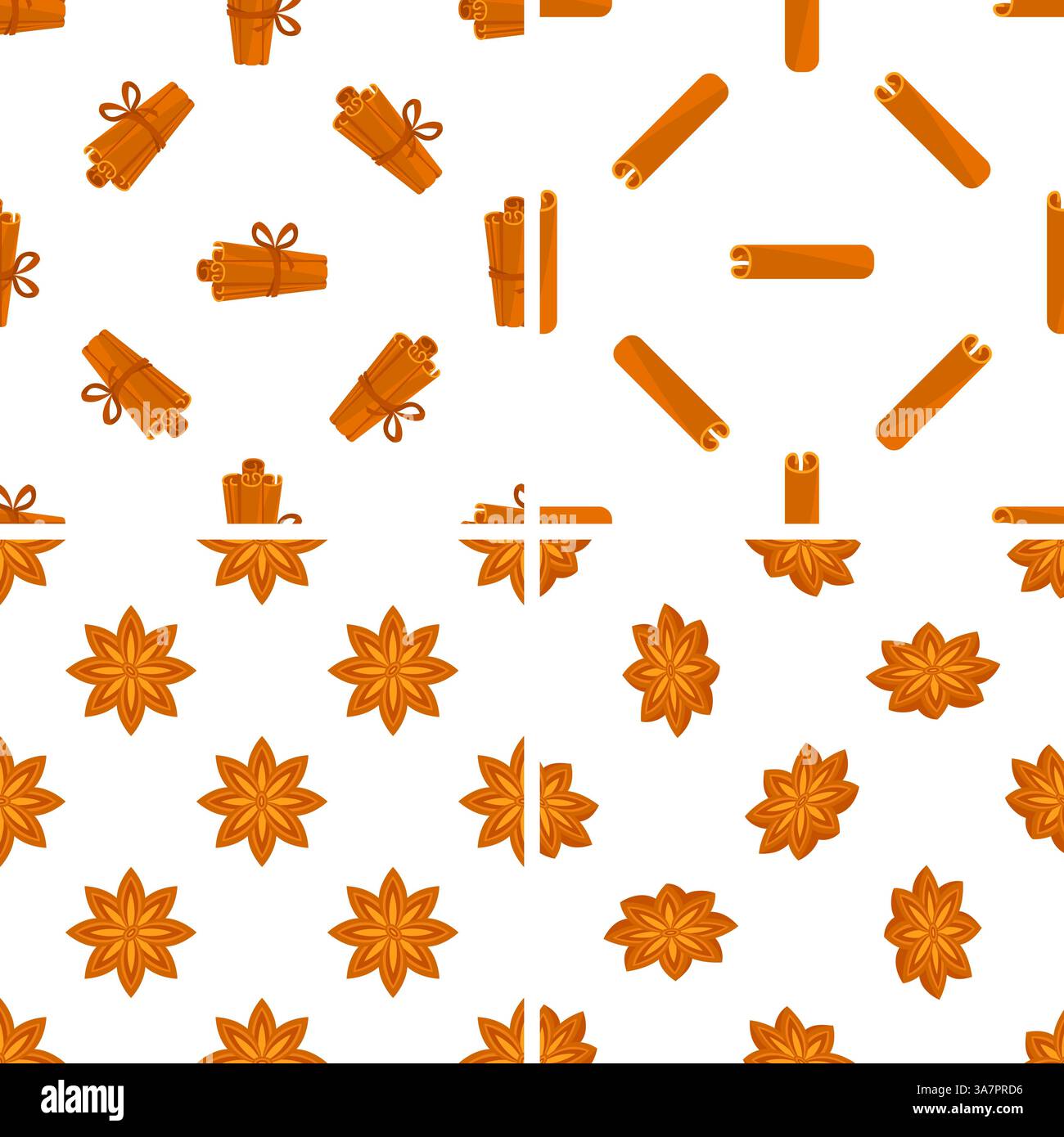 Motivo senza cuciture con bastoncini di cannella e spezie di anice stellato su sfondo bianco Illustrazione Vettoriale