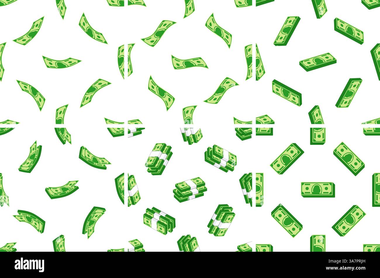 Modello senza interruzioni con banconote in dollari in caduta e pile di denaro su sfondo bianco Illustrazione Vettoriale