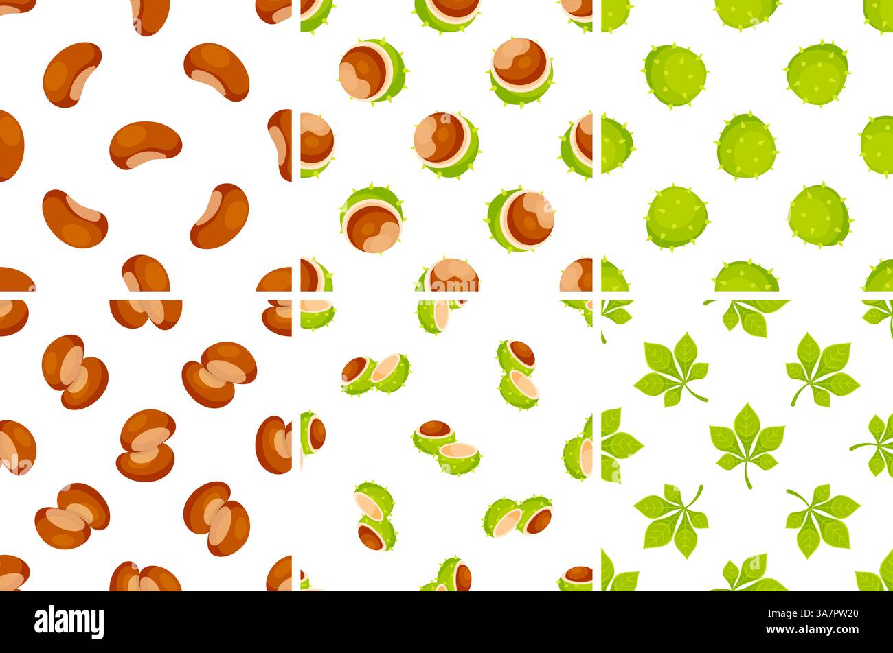 Motivi senza cuciture con castagne che mostrano la buccia, la frutta, le foglie e l'interno Illustrazione Vettoriale