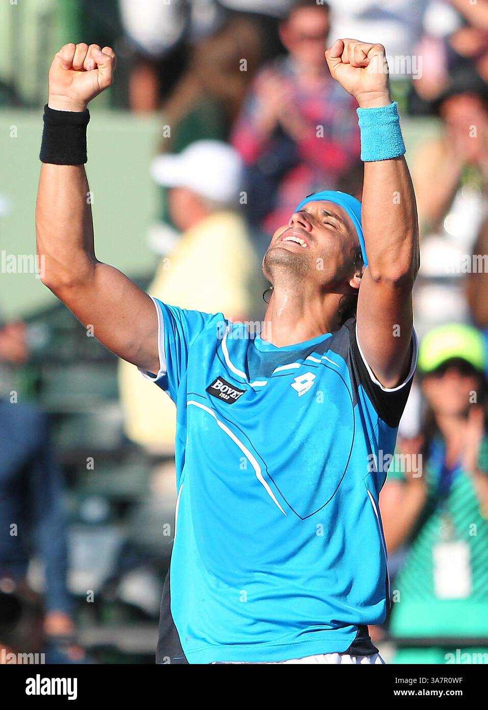 27 marzo 2013 - Miami, Florida, Stati Uniti - DAVID FERRER festeggia dopo aver sconfitto l'austriaco Juergen Melzer 4-6, 6-3, 6-0 per raggiungere la sua prima semifinale del Miami Masters mercoledì.3. (Immagine di credito: © David Santiago/MCT/ZUMAPRESS.com) Foto Stock