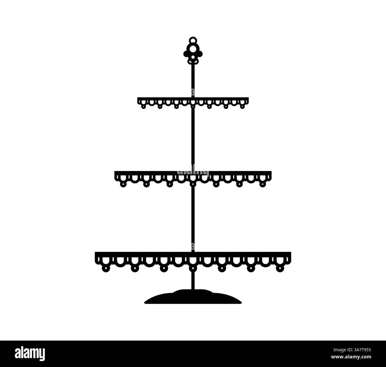 Piatto di torte o torte, piedistallo e vassoio con bordi smerlati. Tavolo da servizio a tre piani Vector Black o piatto da tè per presentare dessert e pas Illustrazione Vettoriale