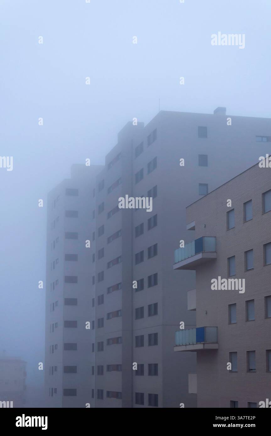 Nebbia pesante in inverno mediterraneo vicino alla spiaggia, Vinaros, Castellón de la Plana, Comunità Valenciana, Spagna Foto Stock