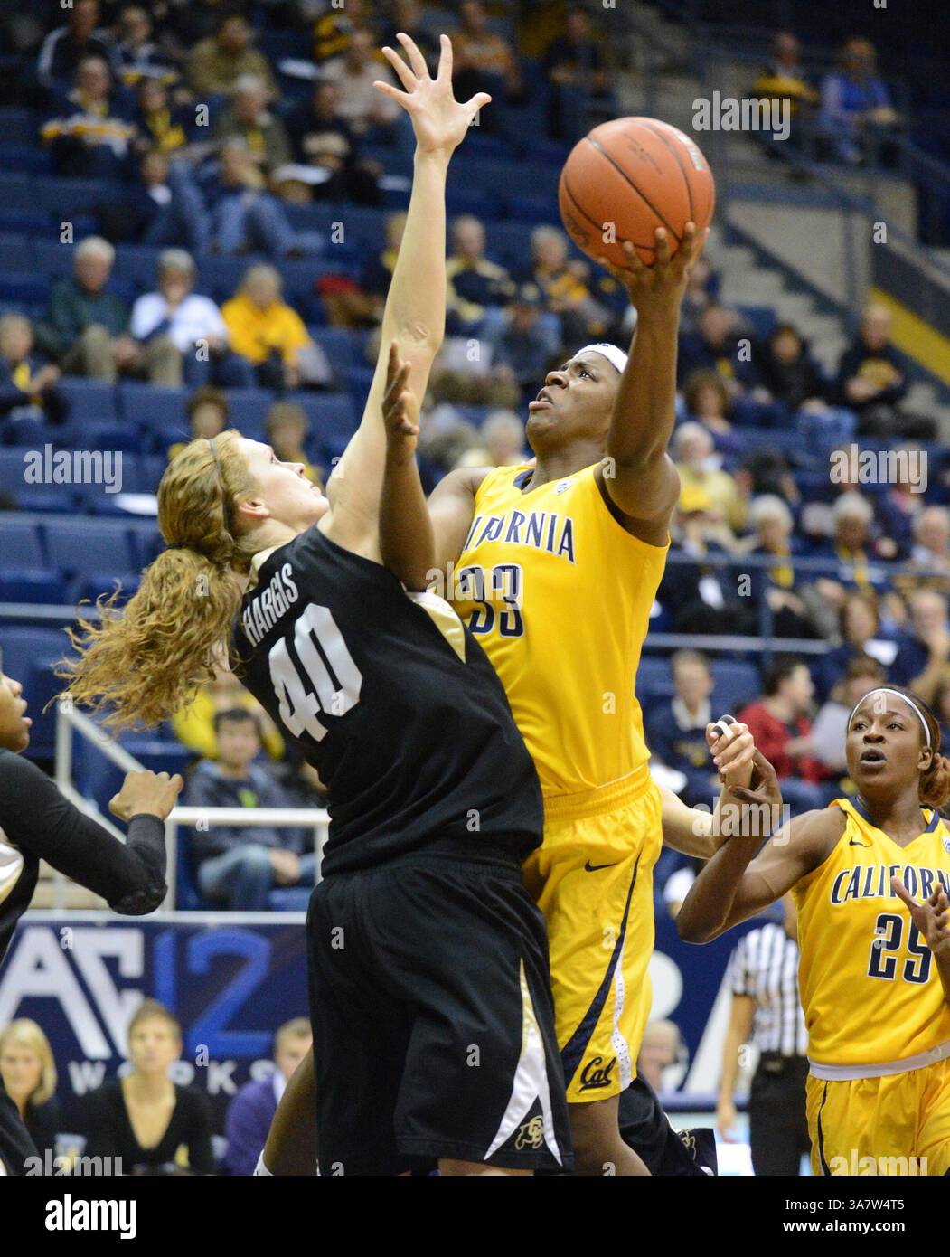 25 gennaio 2013 - Berkeley, California, Stati Uniti - RACHEL HARGIS (40) del Colorado si difende contro TALIA CALDWELL (33) nel primo tempo all'Haas Pavilion di Berkeley, California, venerdì. (Immagine di credito: © Doug Duran/MCT/ZUMAPRESS.com) Foto Stock