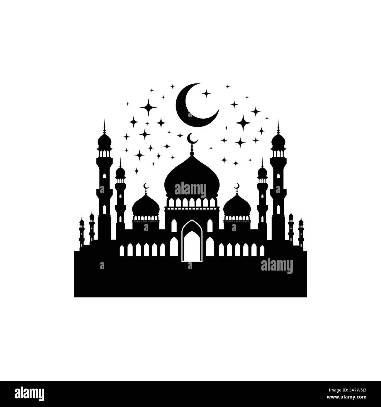 Sagoma della moschea Vector: Luna mezzaluna, stelle, minareti - Design religioso islamico Illustrazione Vettoriale