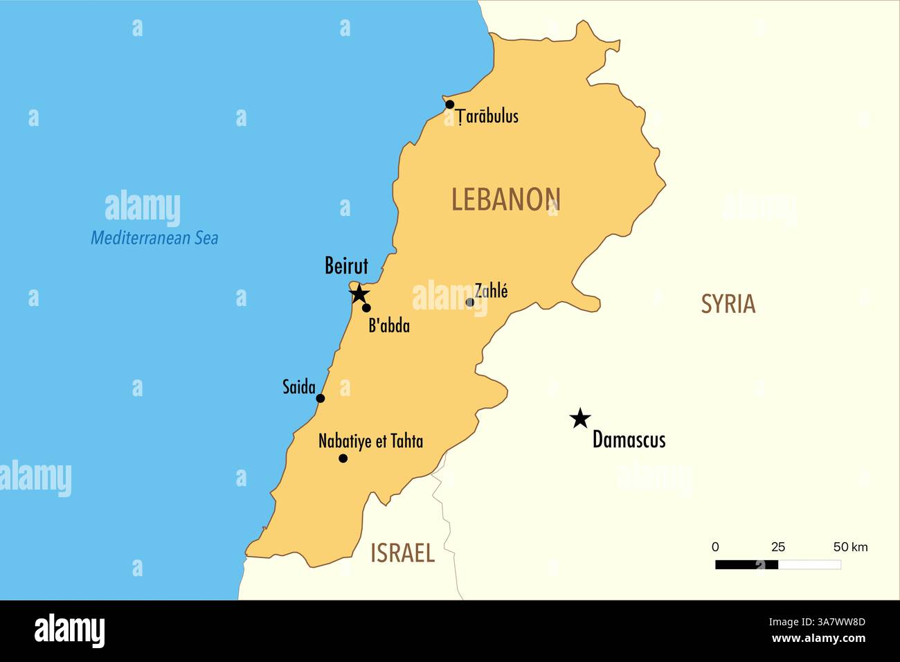 Mappa del Libano con le principali città e i paesi vicini Foto Stock