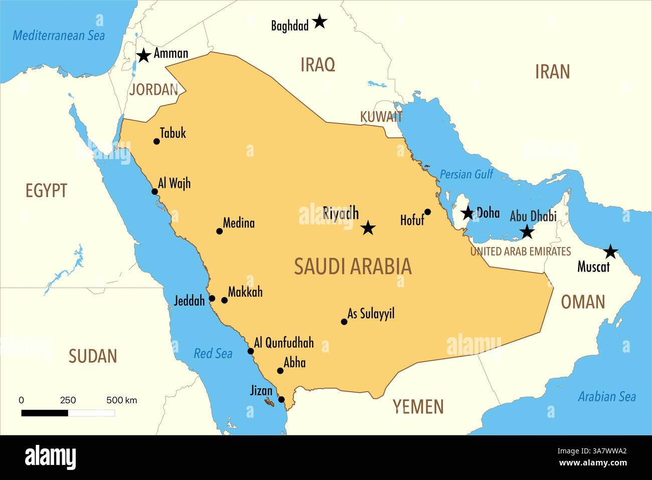 Mappa dell'Arabia Saudita con le principali città e i paesi vicini Foto Stock