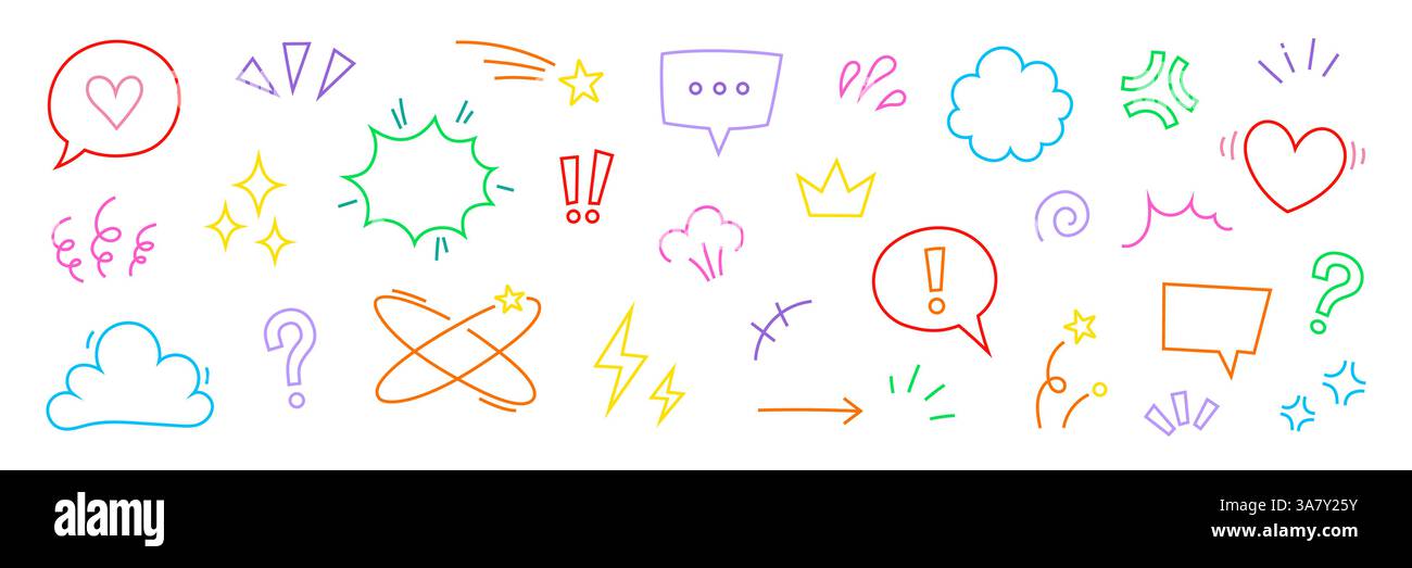 Set di icone di elementi cartoni animati fumettistici. Fumetto simpatico, enfasi, scintilla stellare, icona vettoriale cartoni animati con movimento lineare. Delineare il movimento della velocità di doodle, una scintilla divertente. Illustrazione vettoriale Illustrazione Vettoriale