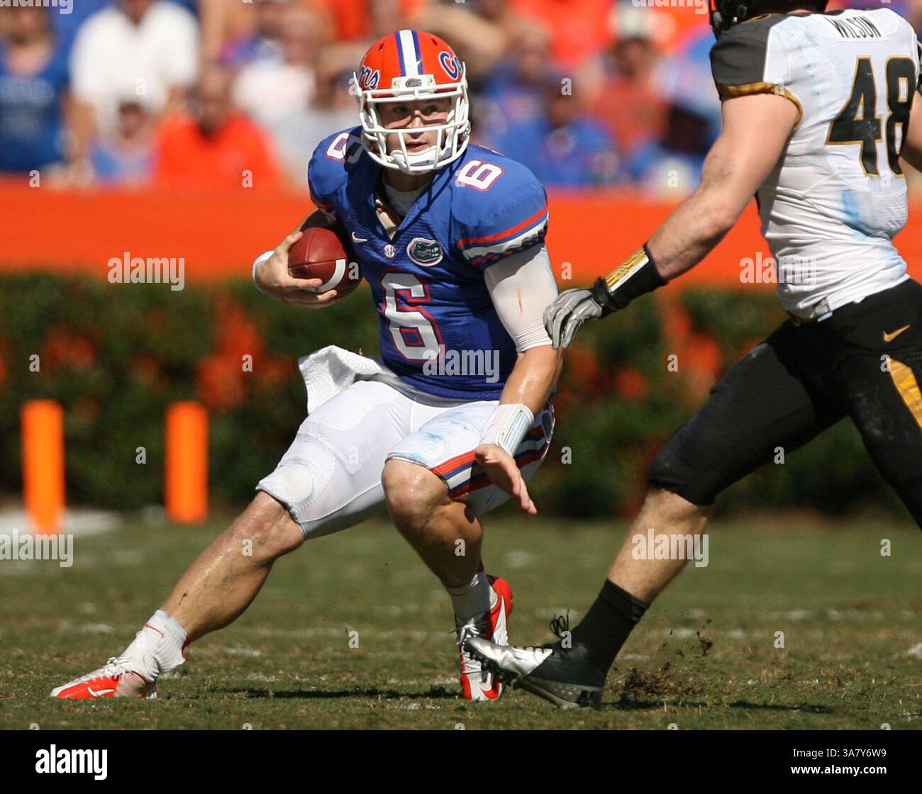 3 novembre 2012 - Gainesville, FL, USA - il quarterback della Florida Jeff Driskel si scontra durante la partita di football dei University of Missouri Tigers alla University of Florida Gators al Ben Hill Griffin Stadium di Gainesville, Florida, sabato 3 novembre 2012. (Immagine di credito: © Stephen M. Dowell/MCT/ZUMAPRESS.com) Foto Stock