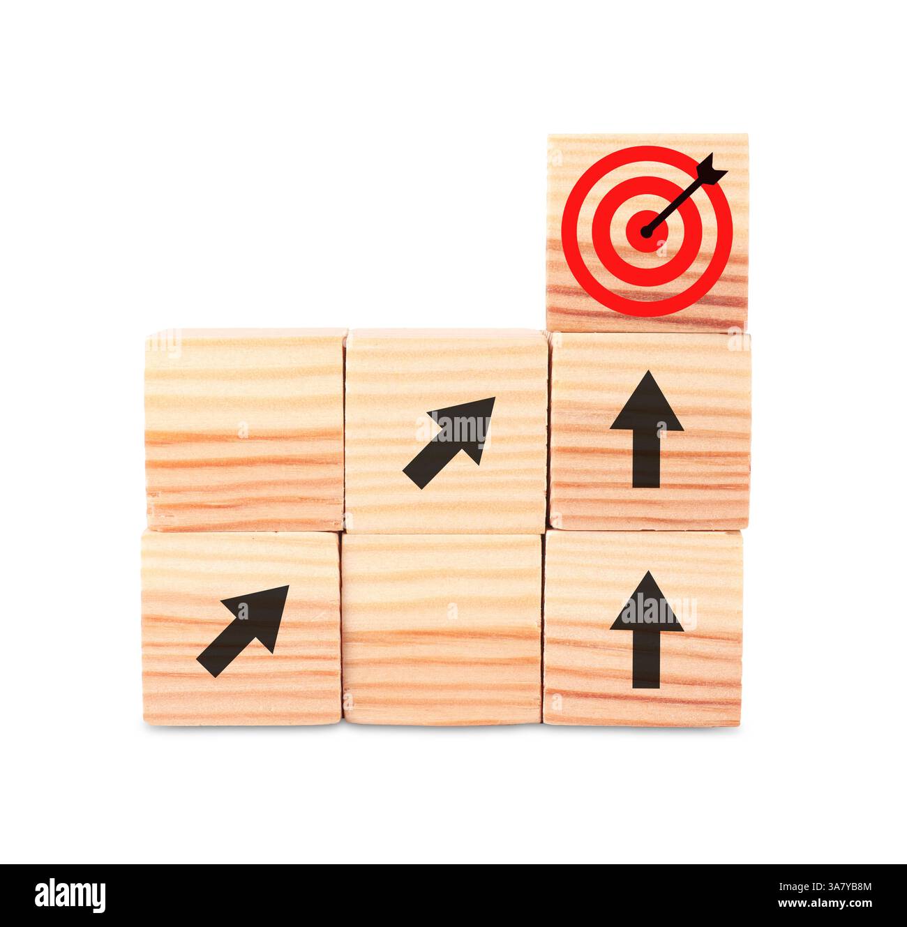 Targeting. Cubi impilati con frecce che puntano verso uno con un mirino sulla parte superiore su sfondo bianco Foto Stock Targeting. Cubi impilati con frecce che puntano verso uno con un mirino sulla parte superiore su sfondo bianco Foto Stock