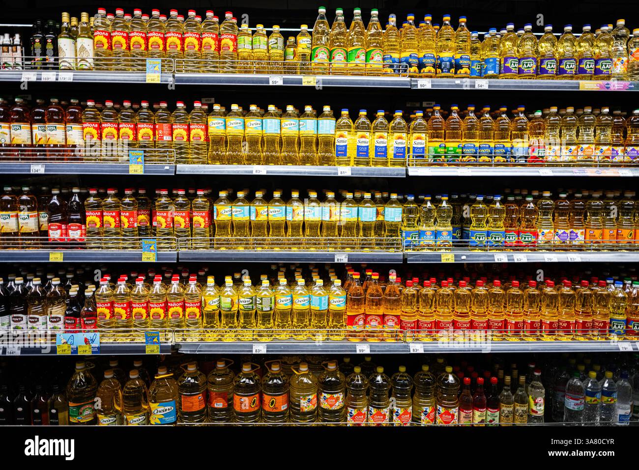 Leopoli, Ucraina - 25 marzo 2025: Ampia varietà di oli da cucina di marca disposti ordinatamente su scaffali ben riforniti del supermercato Foto Stock