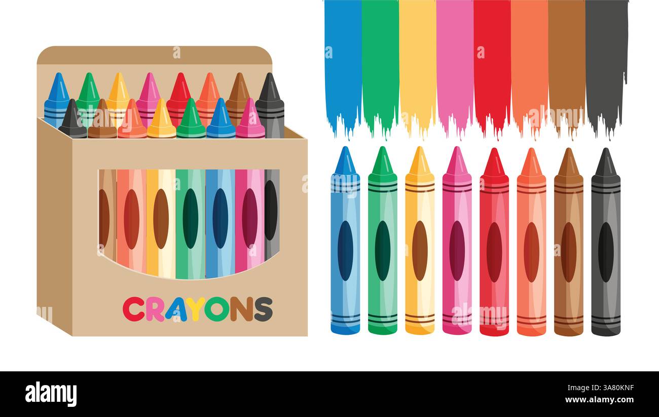 Pastelli colorati set clipart. Pastelli in cera art color clip art Collection per il disegno scolastico elementi didattici illustrazione vettoriale. Illustrazione Vettoriale