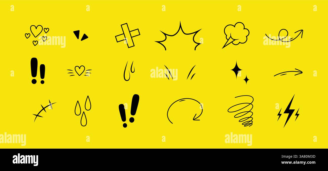 Icone degli effetti anime Emotion. Set di scarabocchi manga. Simboli di emozione comica. Illustrazione vettoriale disegnata a mano su sfondo giallo Illustrazione Vettoriale