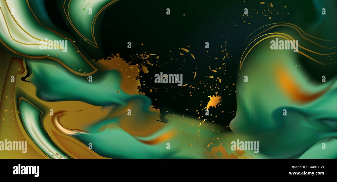 Turchese astratto, motivo ad acquerello dorato su sfondo nero. Illustrazione vettoriale realistica di colori fluidi spruzzati, fantasia di lusso con onde d'inchiostro, effetto kintsugi, elegante sfondo di biglietti d'auguri Illustrazione Vettoriale