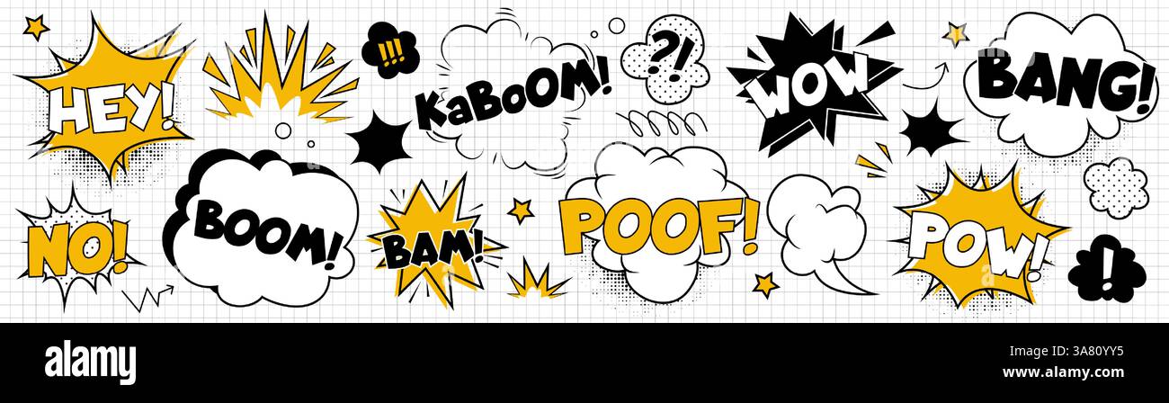 Set di effetti sonori dei fumetti: Boom, kaboom, wow e bang illustrazioni in stile cartoni animati per creare bolle di voce emotivamente vivide. Elementi visivi pop art neri e gialli sullo sfondo della pagina del notebook. Illustrazione Vettoriale