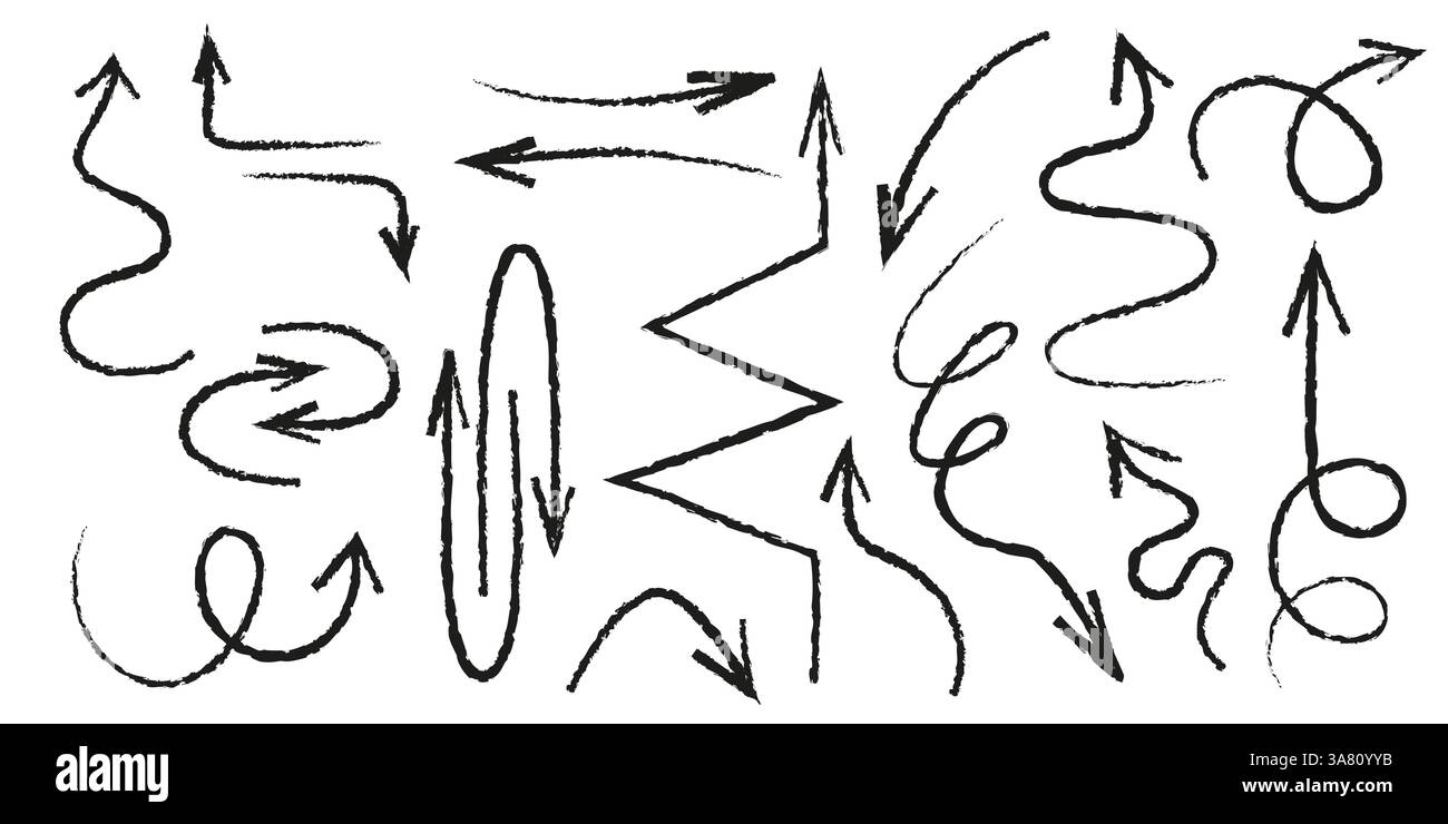 Set di frecce per pastelli disegnate a mano - varie forme curve, dritte, ritorte con spessore e direzione diversi. Puntatori a mano libera, indicatori delle mappe, simboli di navigazione grunge per l'interfaccia utente, design dei segni. Illustrazione Vettoriale