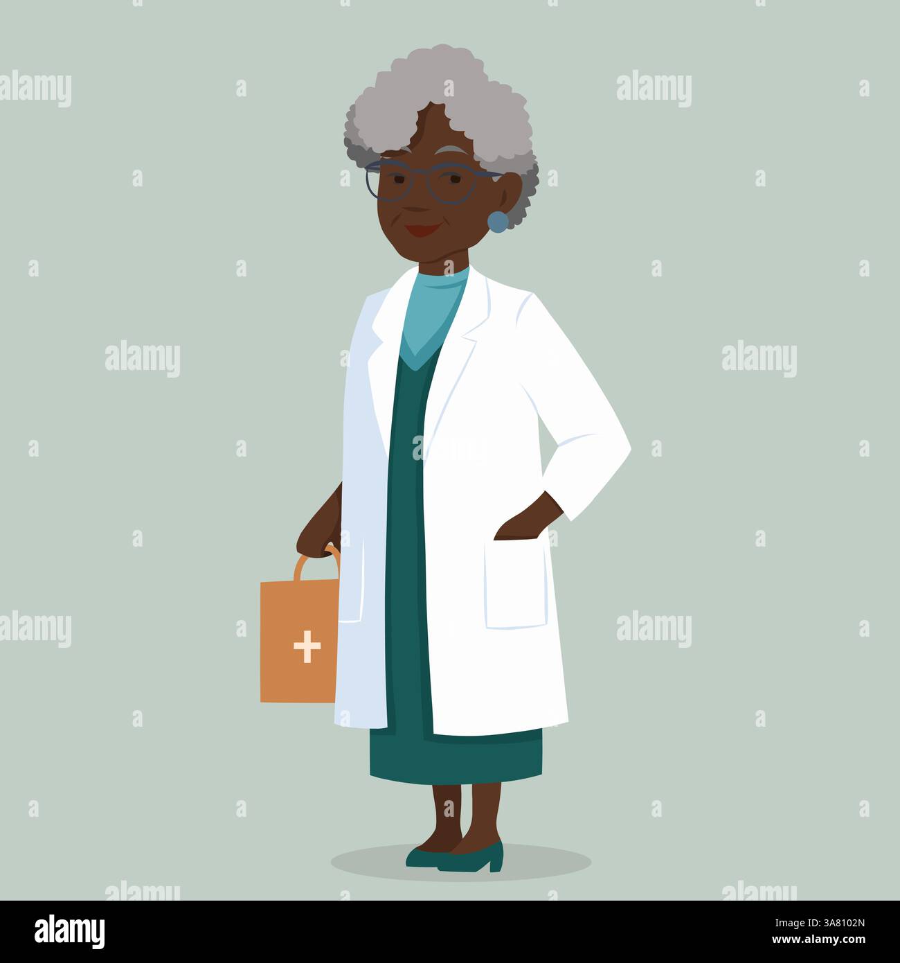 Illustrazione piatta vettoriale di una vecchia donna africana medico professionista. Farmacista di colore. Ricercatore in laboratorio. Illustrazione per gli articoli Illustrazione Vettoriale