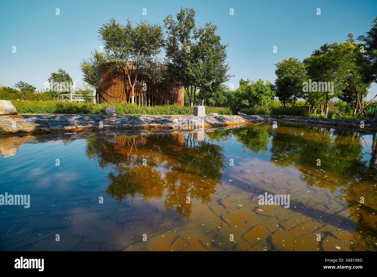 Parco per famiglie con attrezzature da gioco e vegetazione Foto Stock