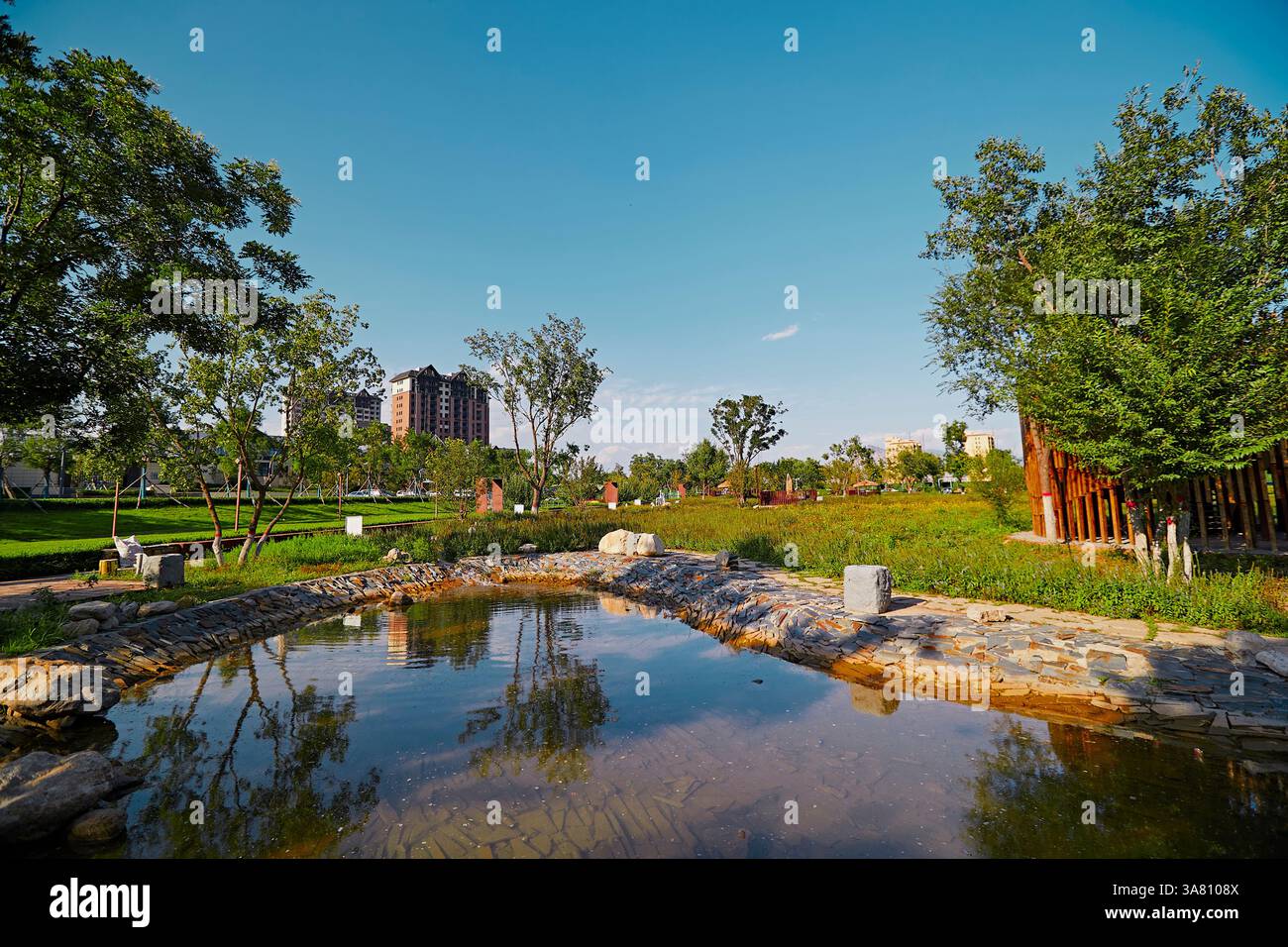 Parco per famiglie con attrezzature da gioco e vegetazione Foto Stock