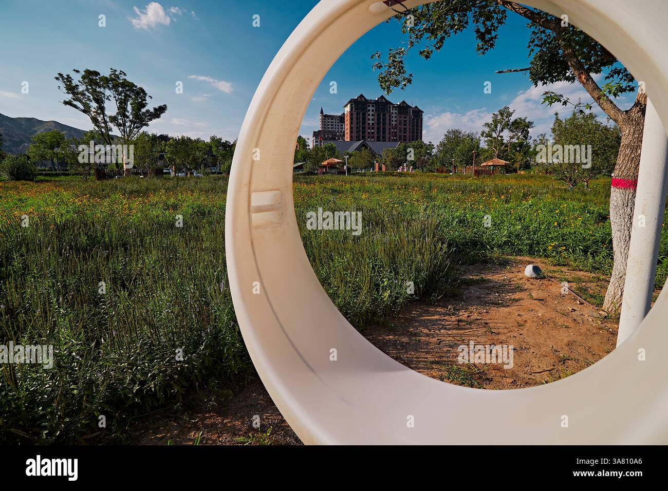 Parco per famiglie con attrezzature da gioco e vegetazione Foto Stock