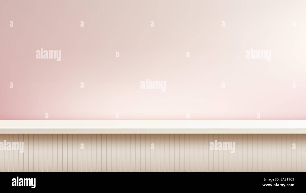 Sfondo rosa chiaro liscio con ripiano scanalato bianco, mockup di prodotti, branding e pubblicità. Minimalista, pulito e moderno per il settore commerciale Illustrazione Vettoriale