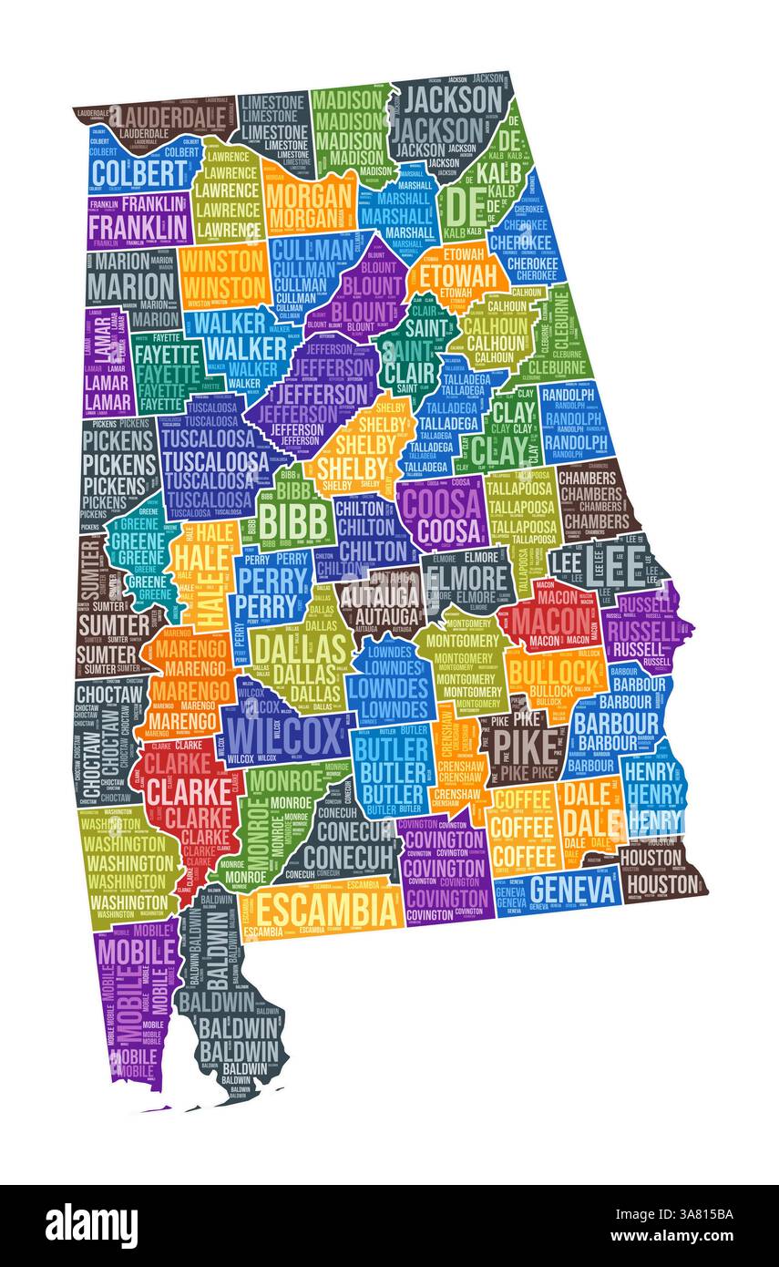 Forma Alabama. State Word cloud con divisione contea. Illustrazione a colori Alabama. I nomi delle contee sono nubi. Illustrazione vettoriale. Illustrazione Vettoriale